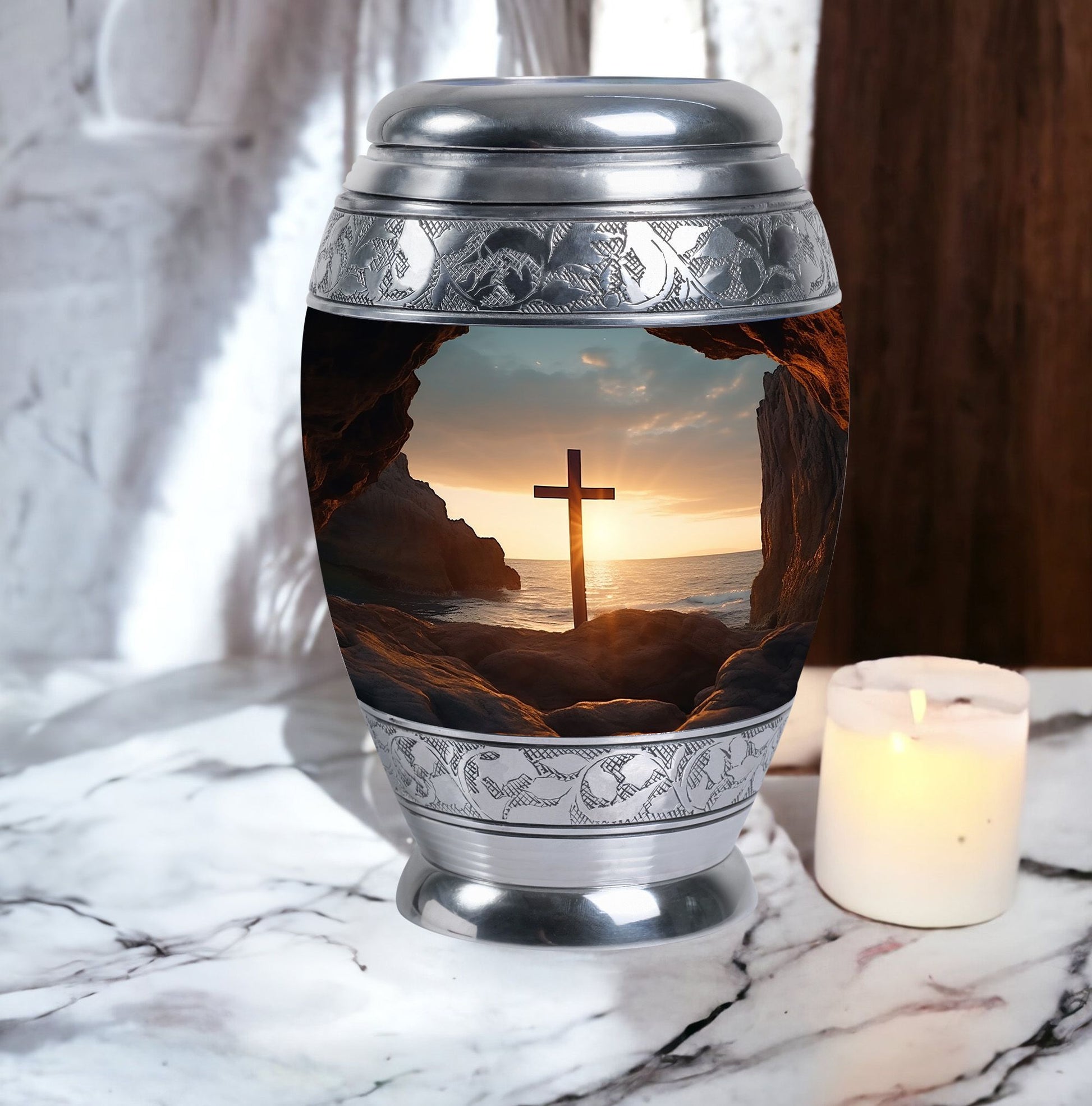 Ocean Jesus Cross Urn for Human Ashes Classic Cremation Urn