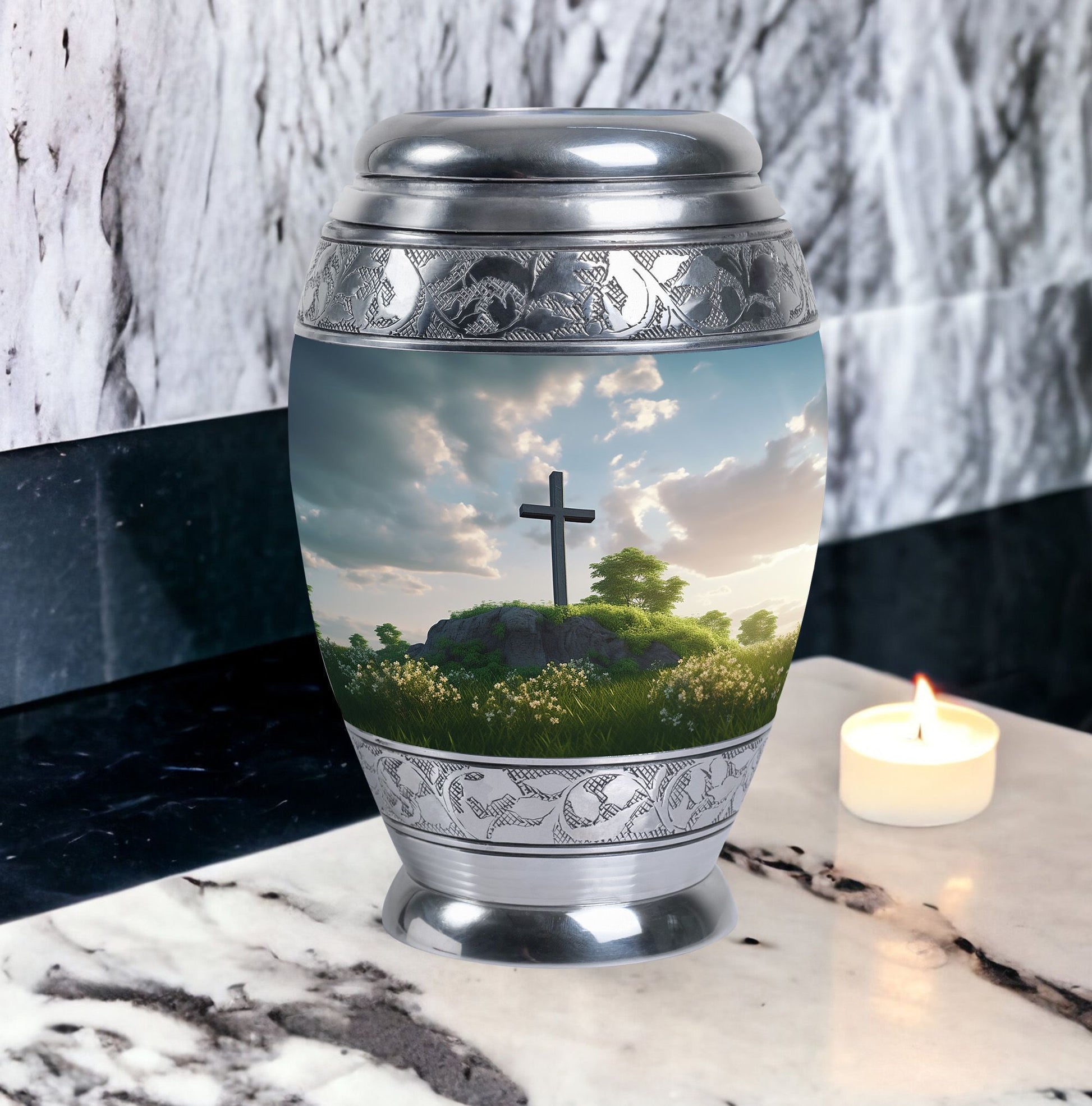 Jesus Christ cross burial urn made of aluminium