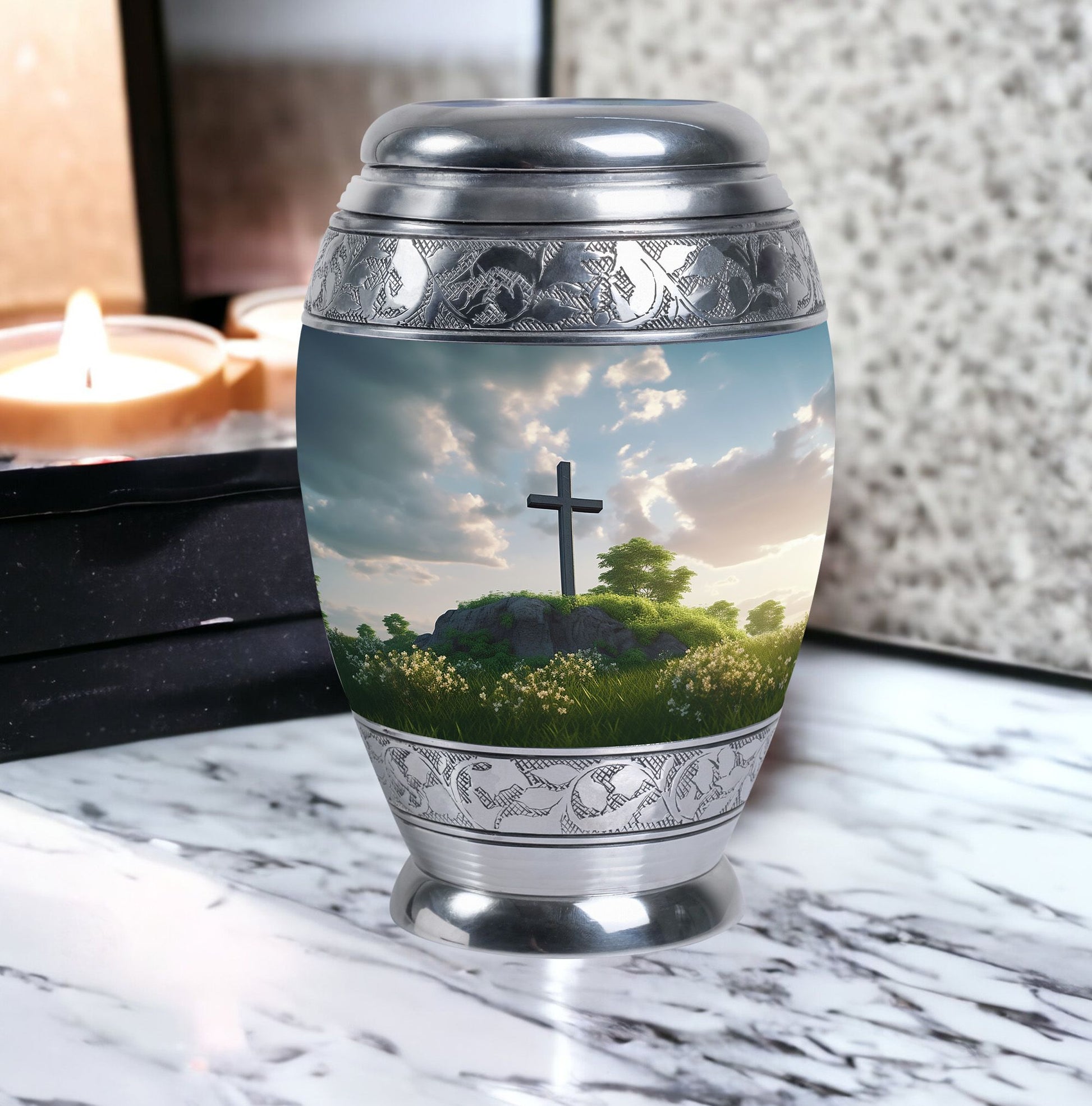 Jesus Christ cross burial urn made of aluminium