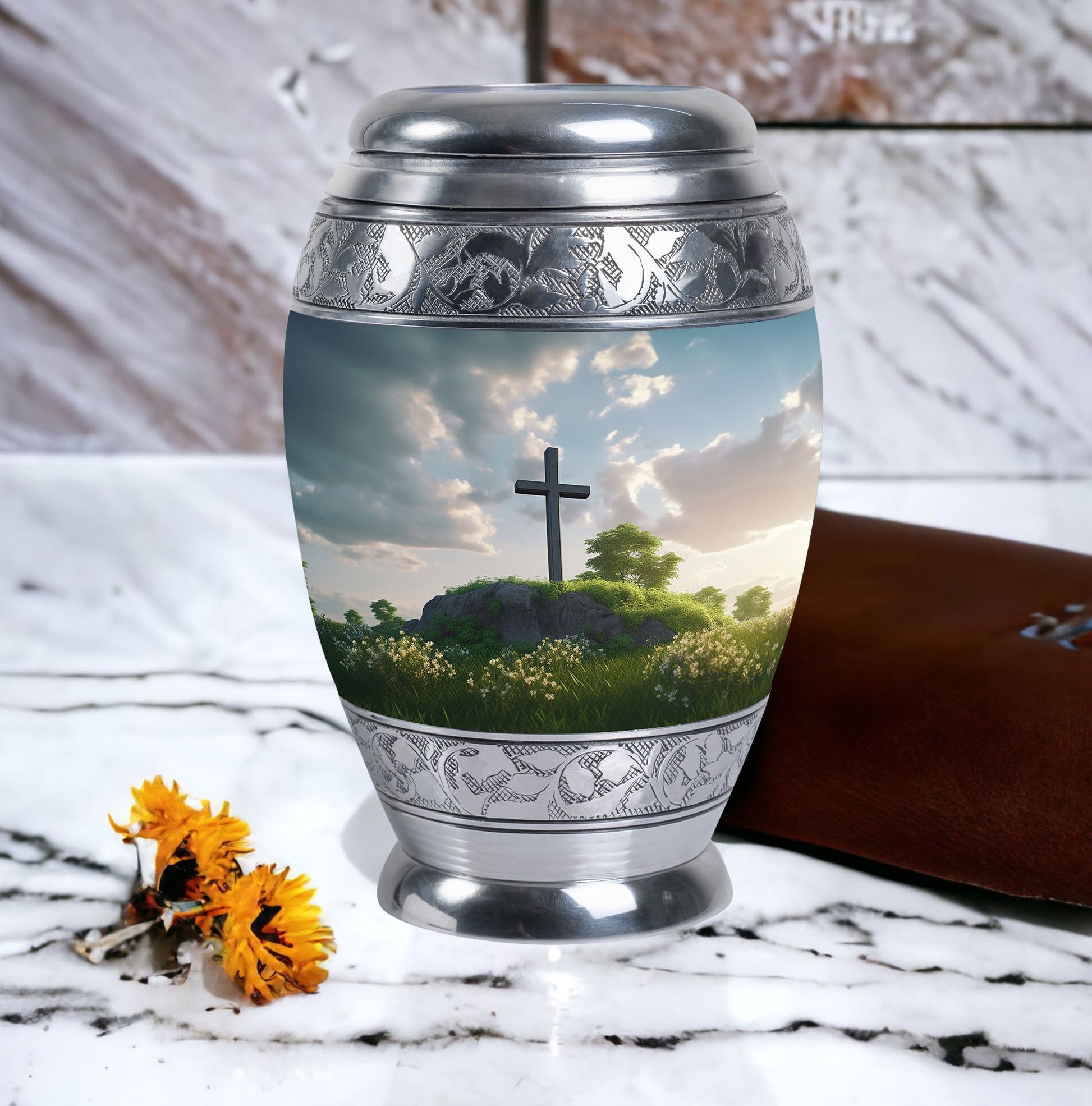 Jesus Christ cross burial urn made of aluminium