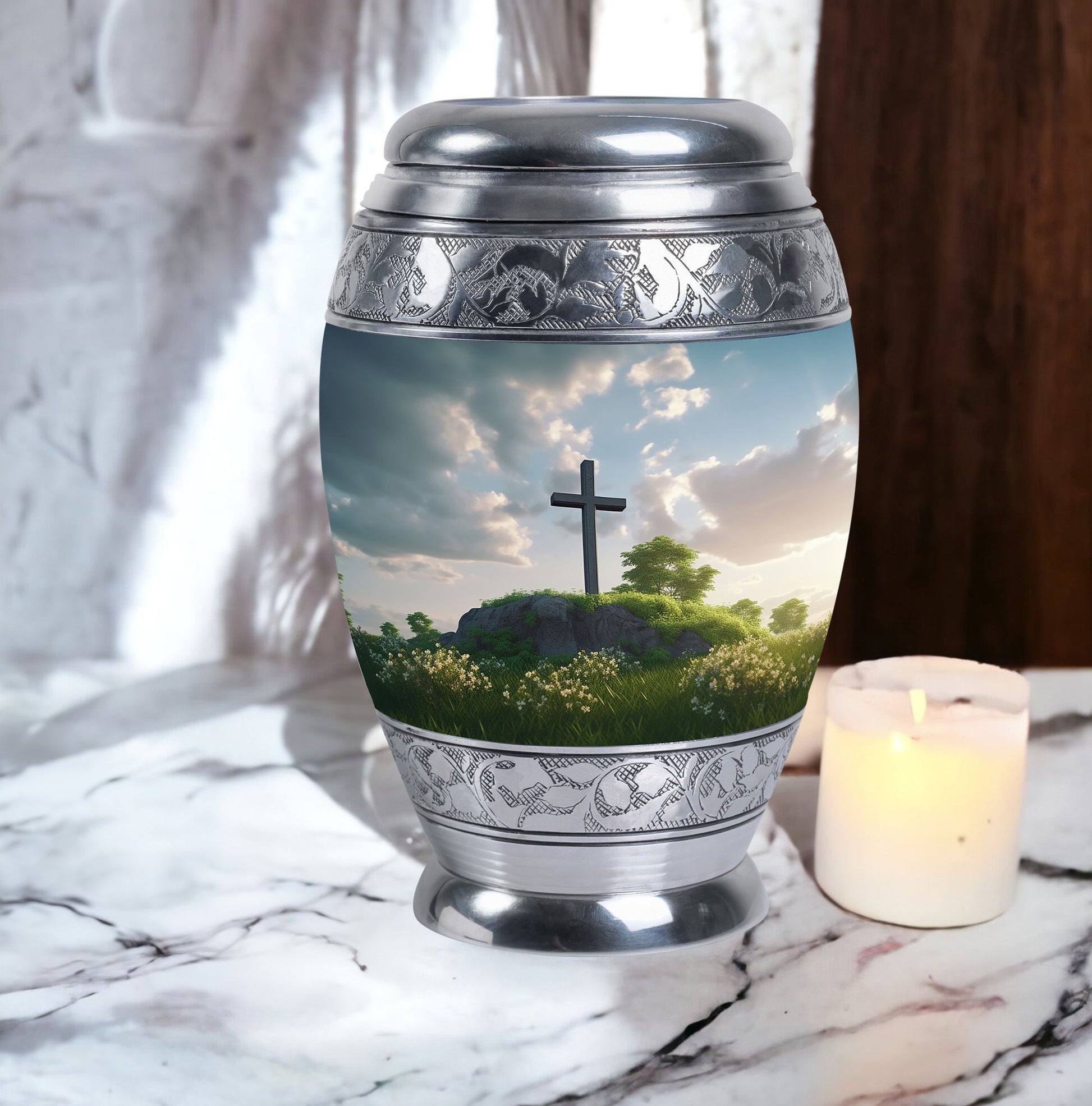 Jesus Christ cross burial urn made of aluminium