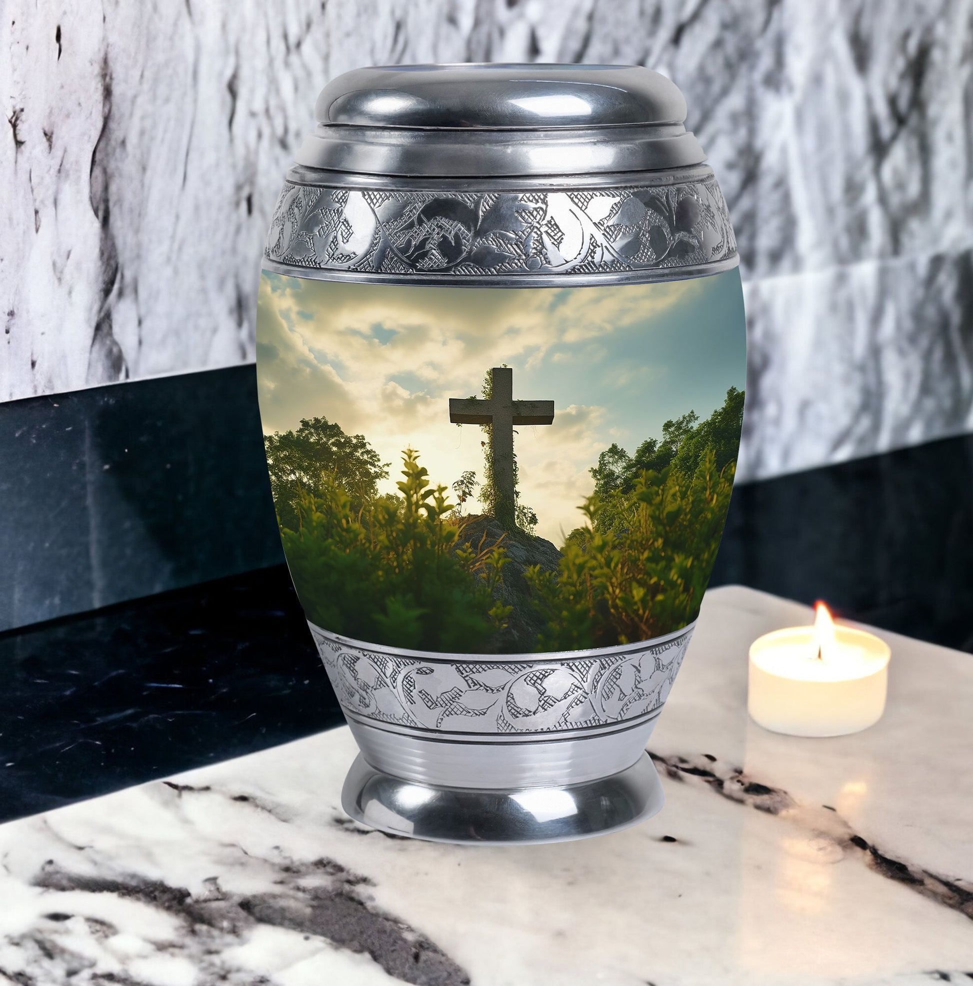 Classic Jesus Christ cross Memorial Urn, 3 inch Metal Urn for ashes