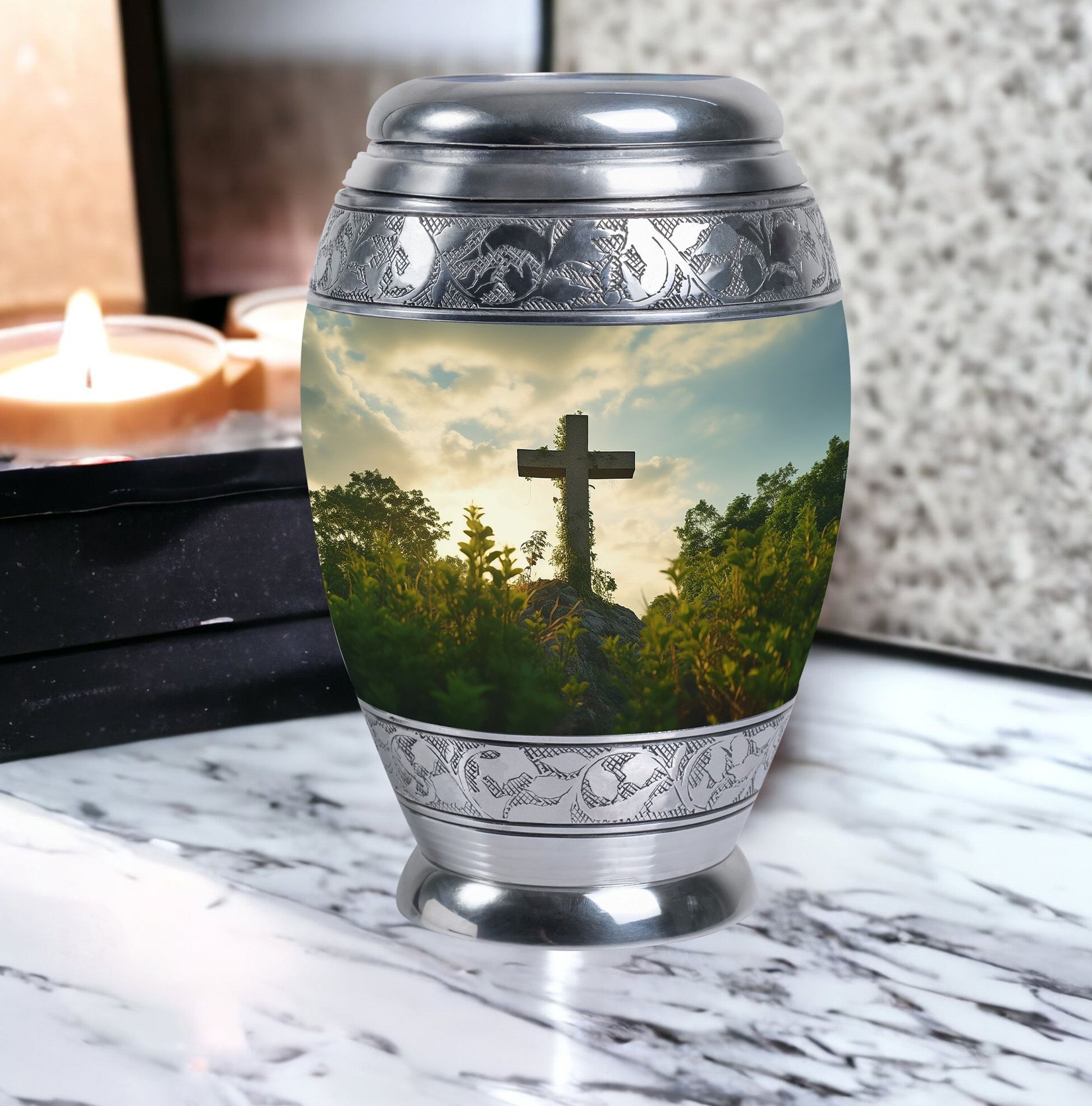 Classic Jesus Christ cross Memorial Urn, 3 inch Metal Urn for ashes