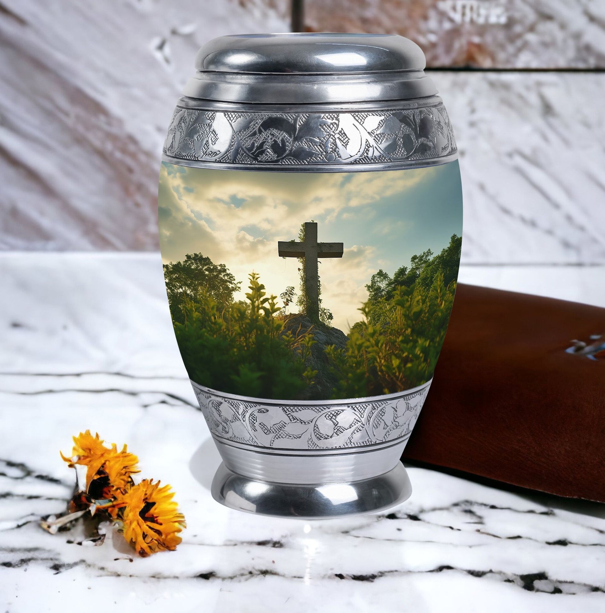 Classic Jesus Christ cross Memorial Urn, 3 inch Metal Urn for ashes