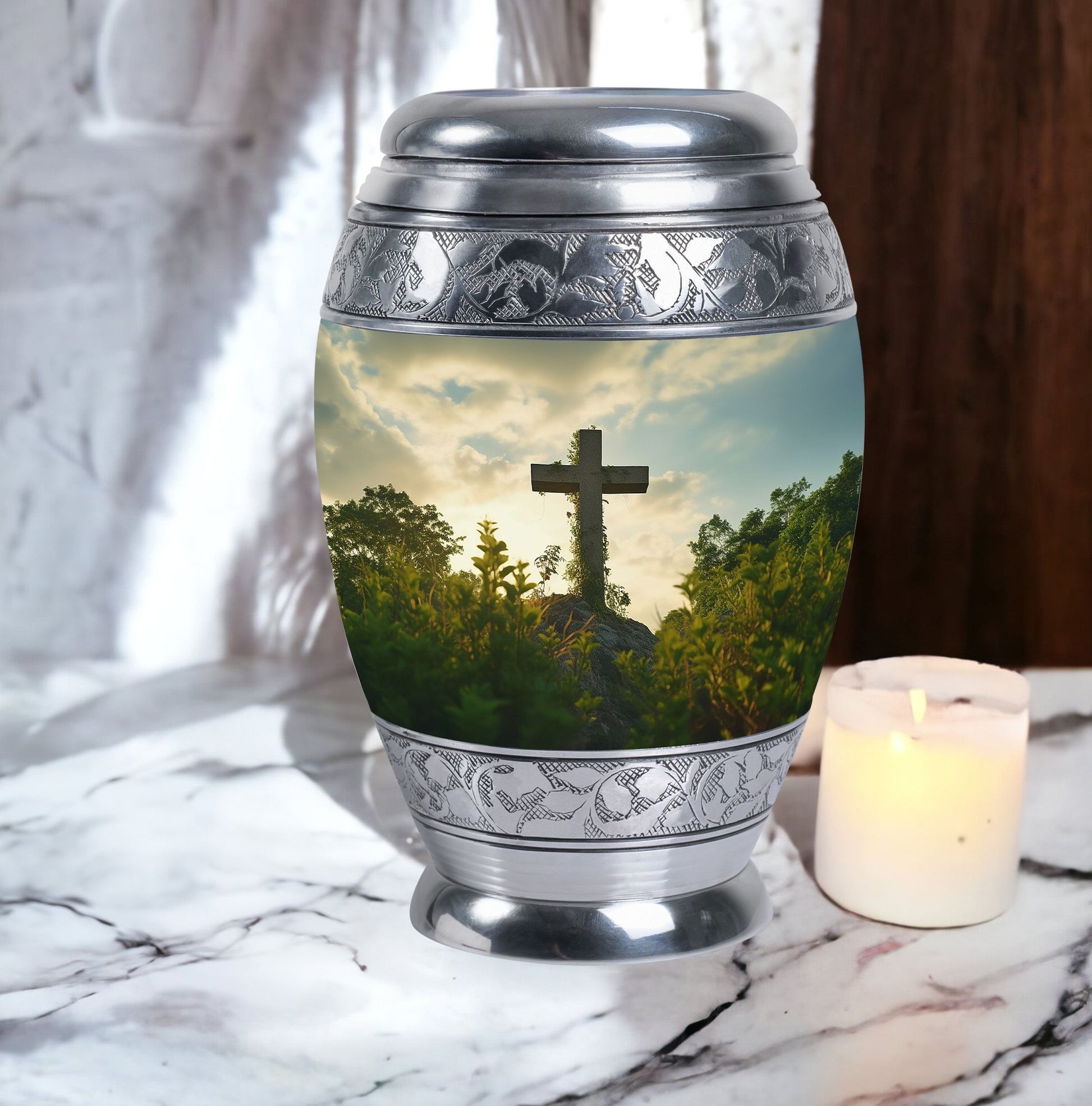 Classic Jesus Christ cross Memorial Urn, 3 inch Metal Urn for ashes