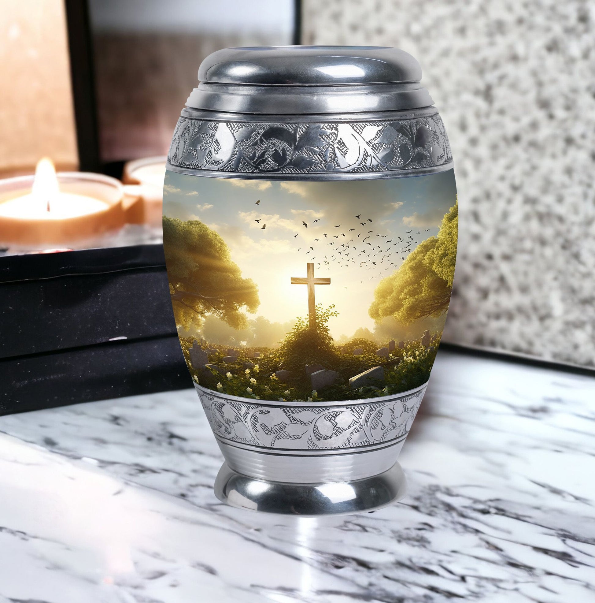 Large Holy Cross Cremation Urn for human ashes.