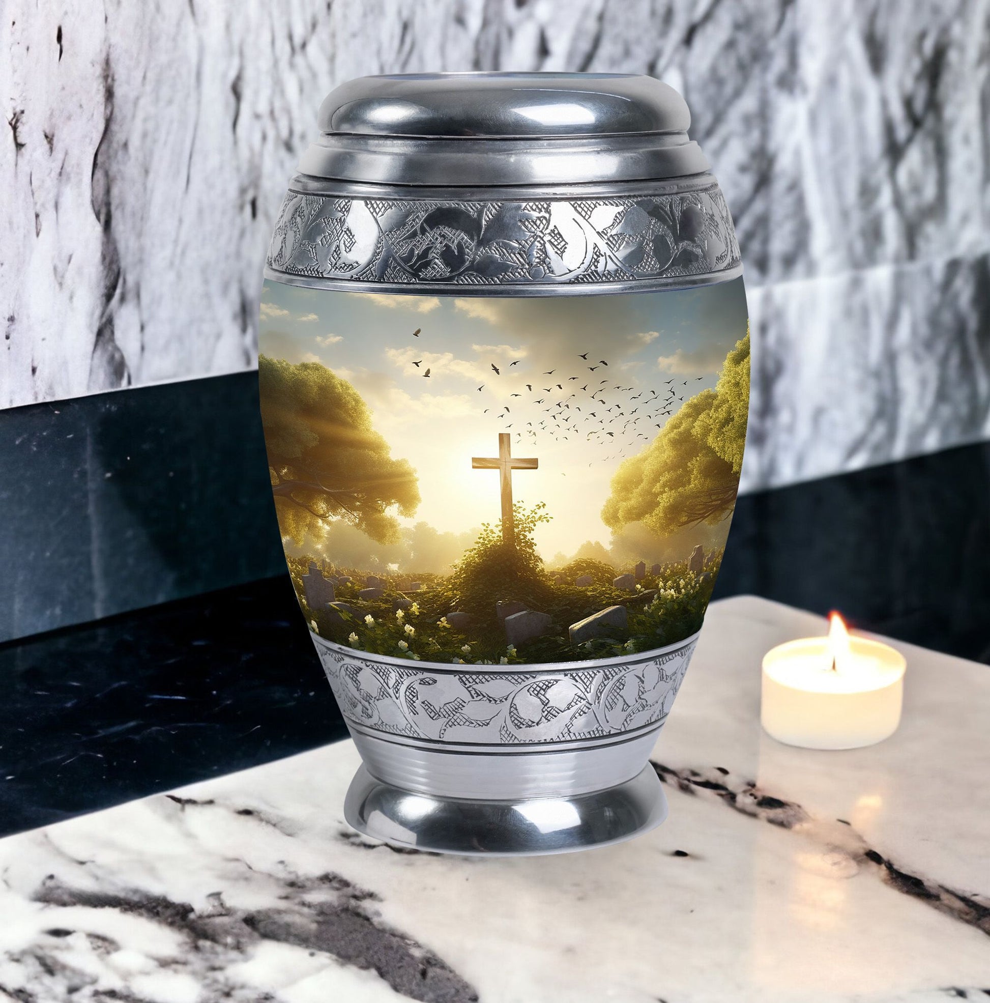 Large Holy Cross Cremation Urn for human ashes.