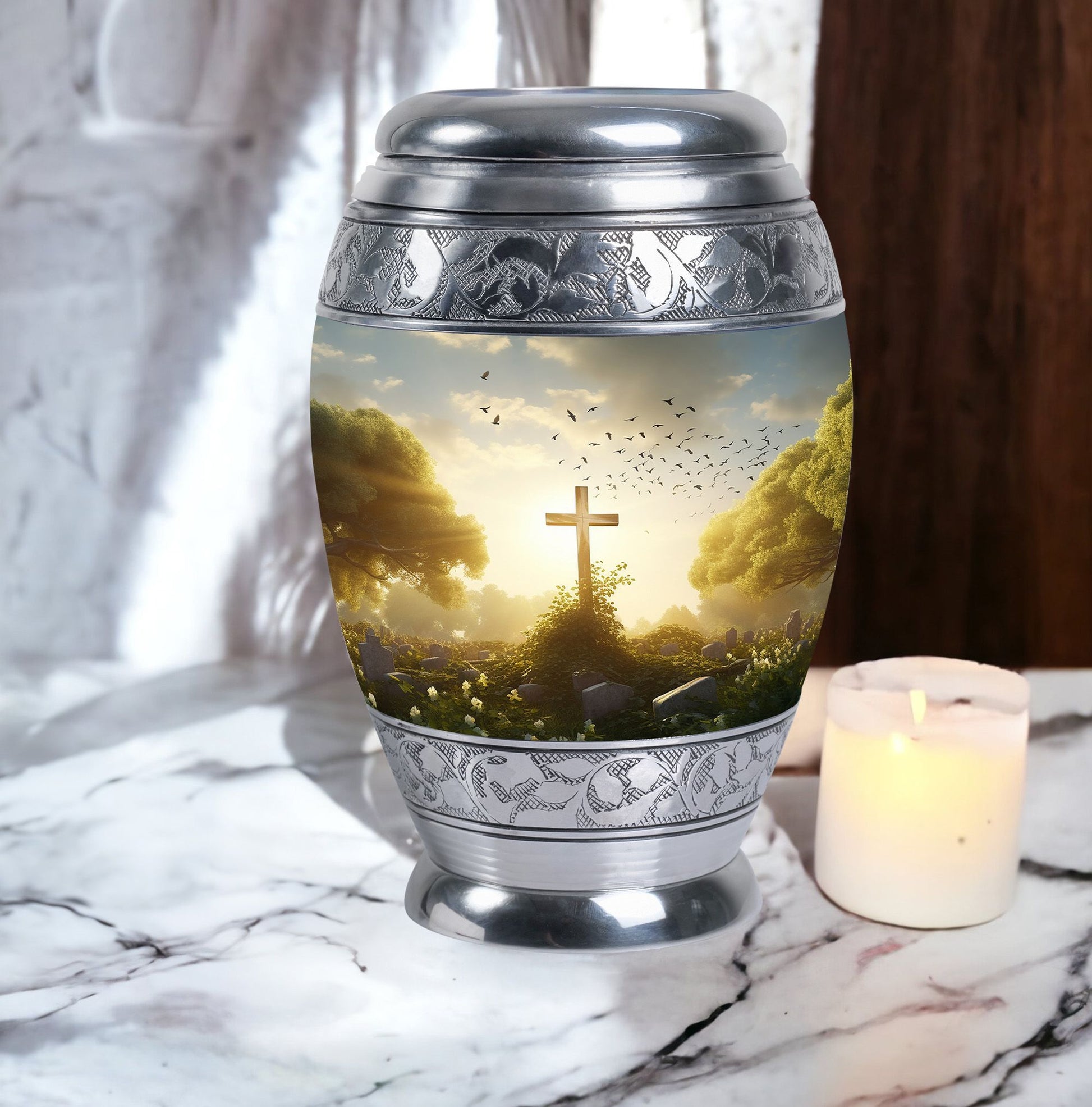 Large Holy Cross Cremation Urn for human ashes.