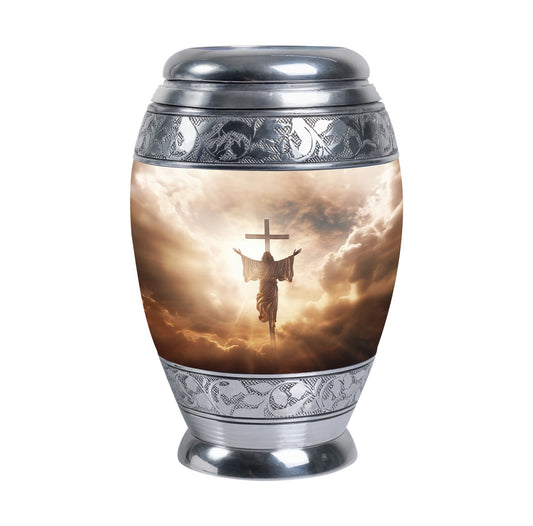 Three inch aluminium Jesus Christ cross urn.