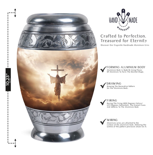 Three inch aluminium Jesus Christ cross urn.