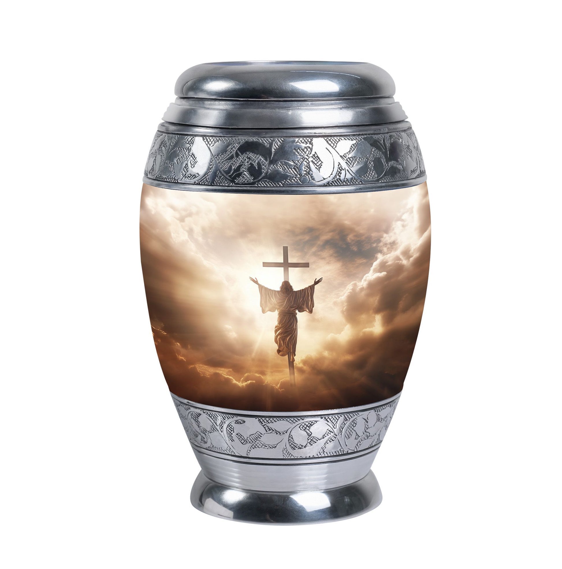 Three inch aluminium Jesus Christ cross urn.