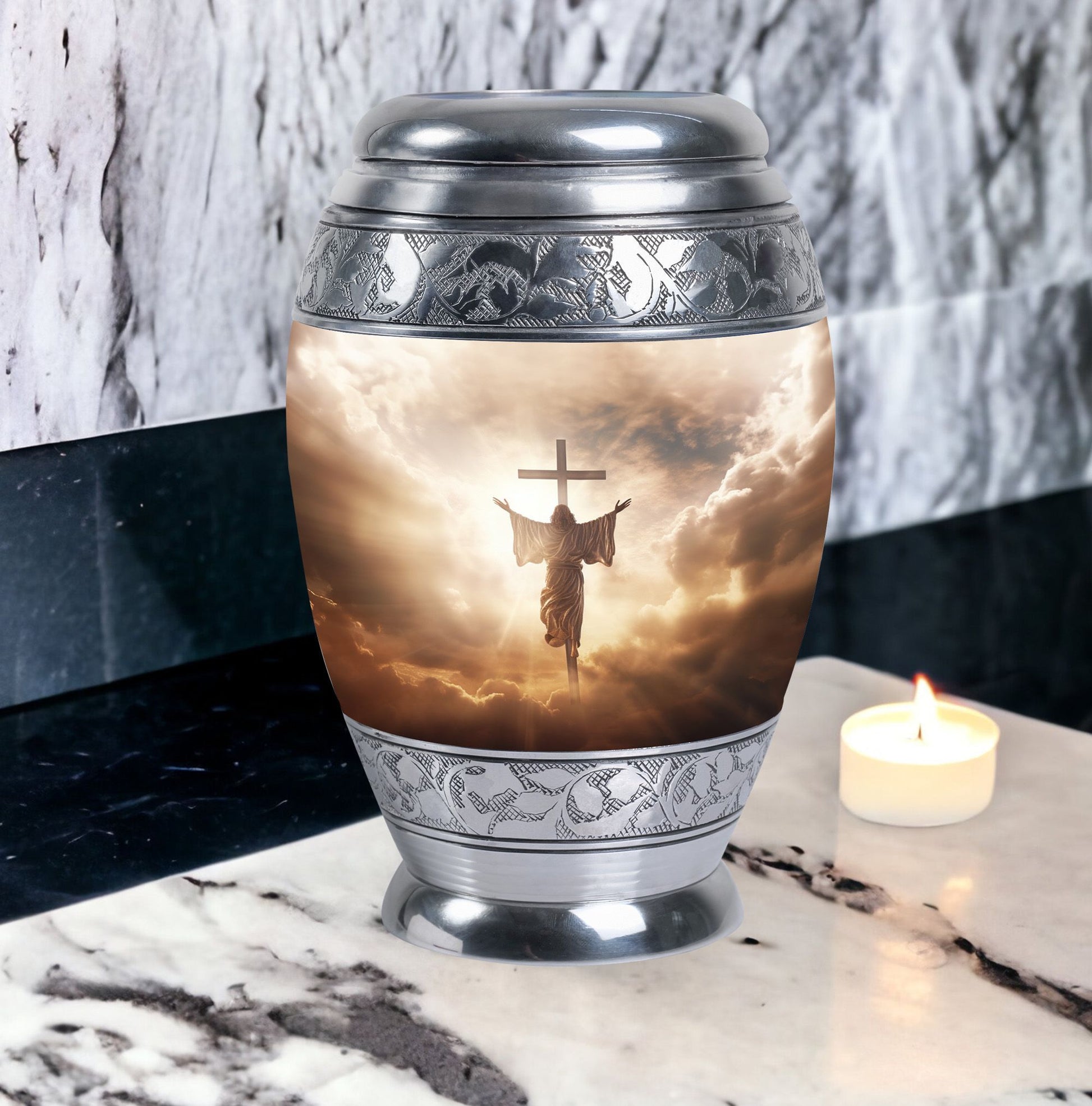 Three inch aluminium Jesus Christ cross urn.