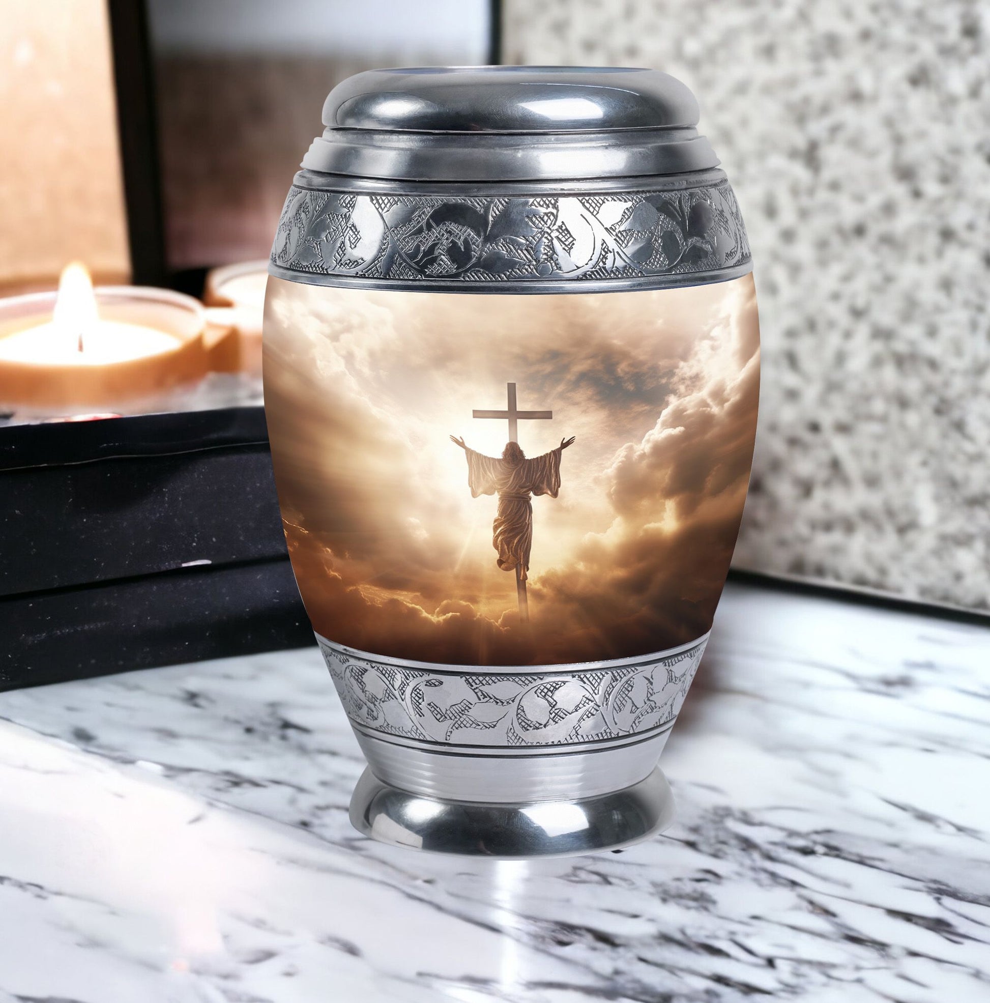 Three inch aluminium Jesus Christ cross urn.