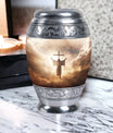 Three inch aluminium Jesus Christ cross urn.