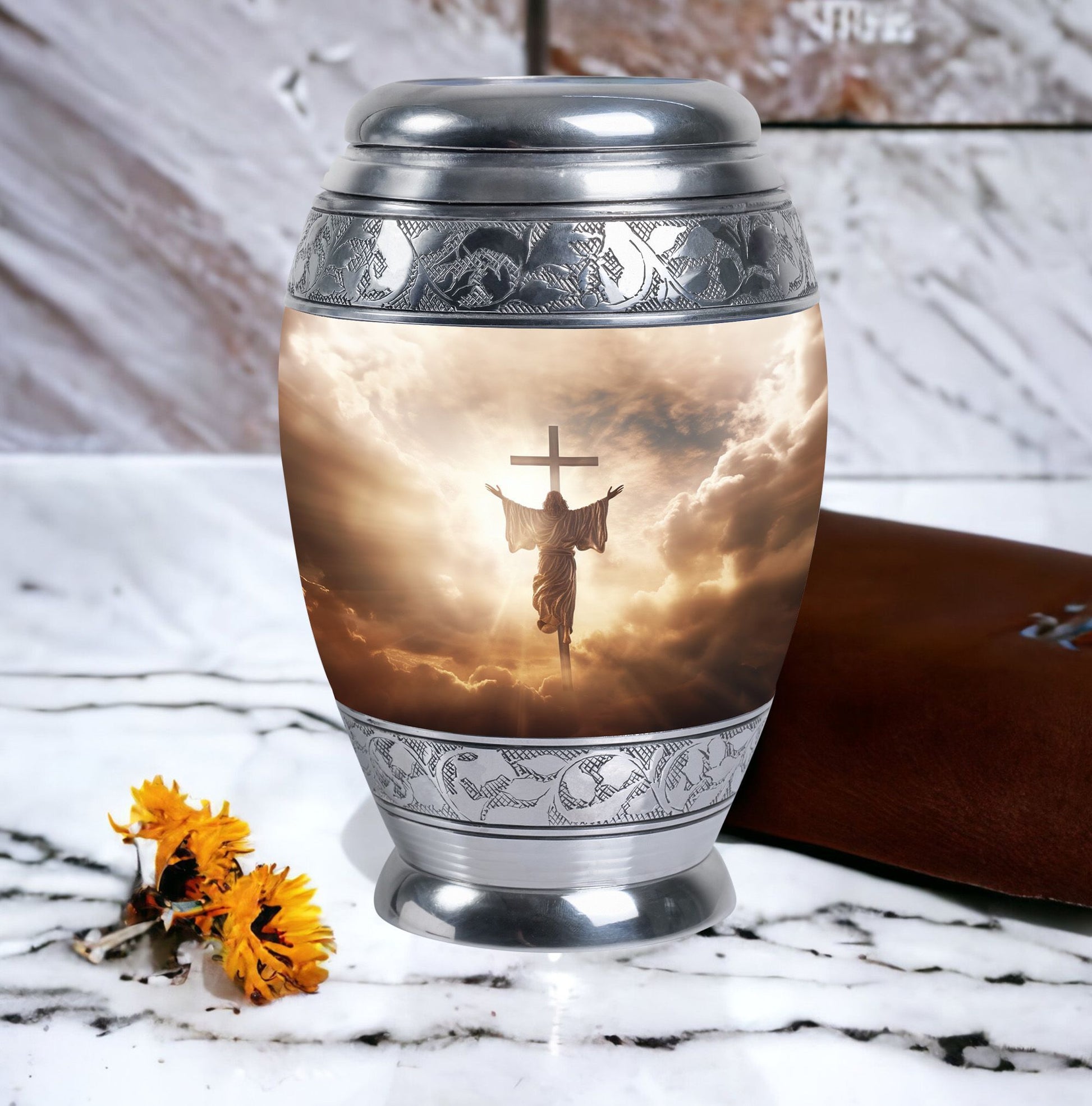 Three inch aluminium Jesus Christ cross urn.