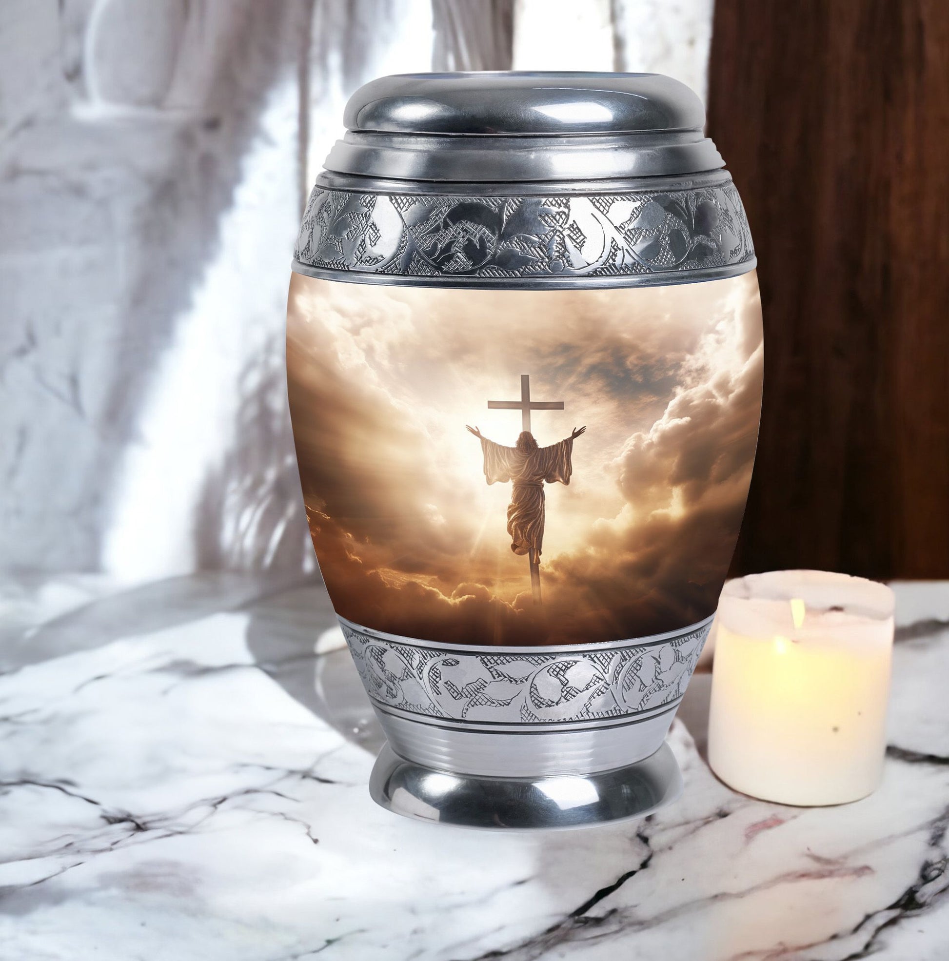 Three inch aluminium Jesus Christ cross urn.