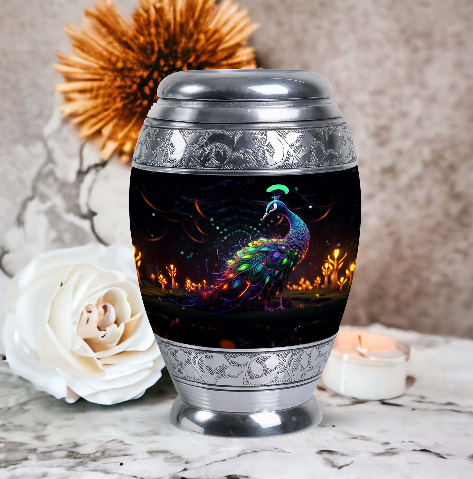 Elegant 3-inch Peacock Urn, made of aluminium