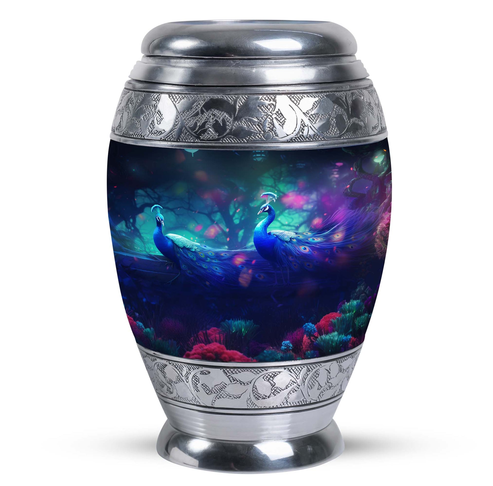 Classic Peacock Urn made of aluminium for cremation ashes.