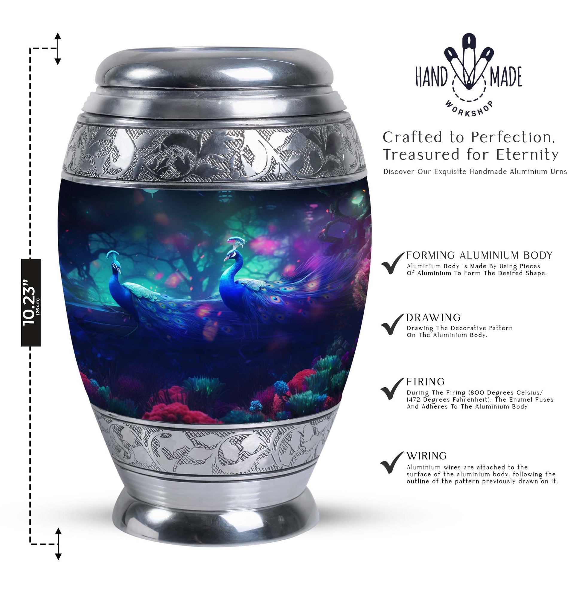 Classic Peacock Urn made of aluminium for cremation ashes.