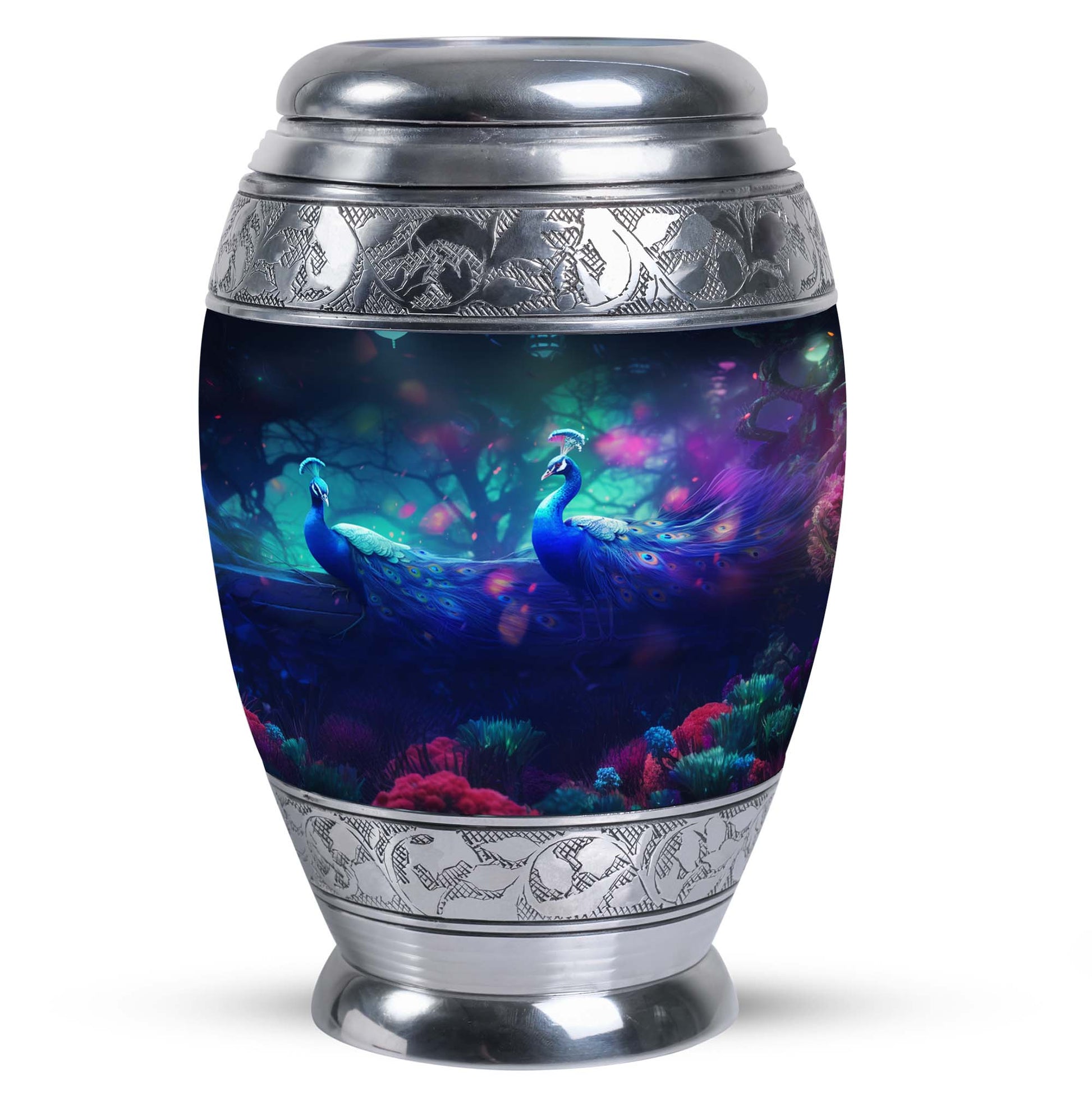 Classic Peacock Urn made of aluminium for cremation ashes.