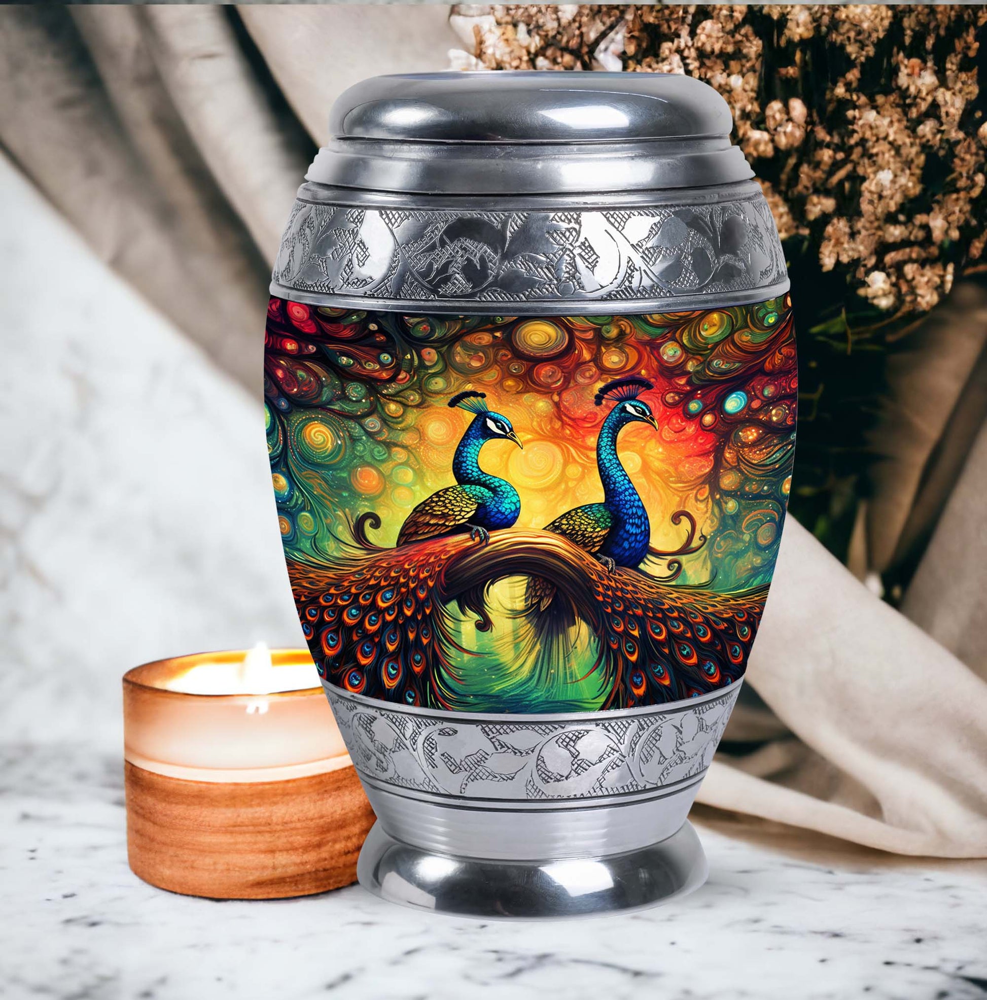 Classic Peacock Urn for Ashes, Cremation Container