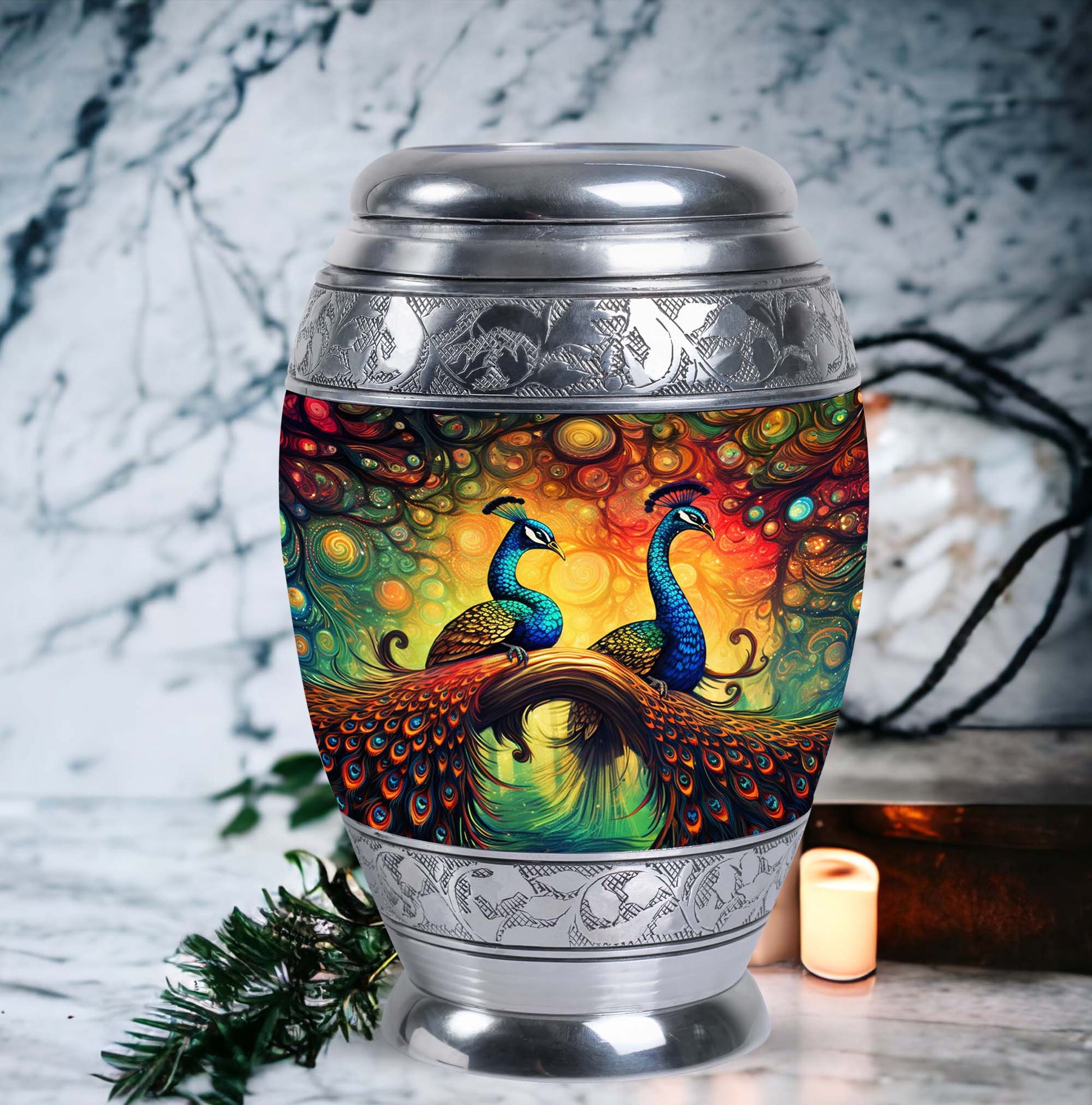 Classic Peacock Urn for Ashes, Cremation Container