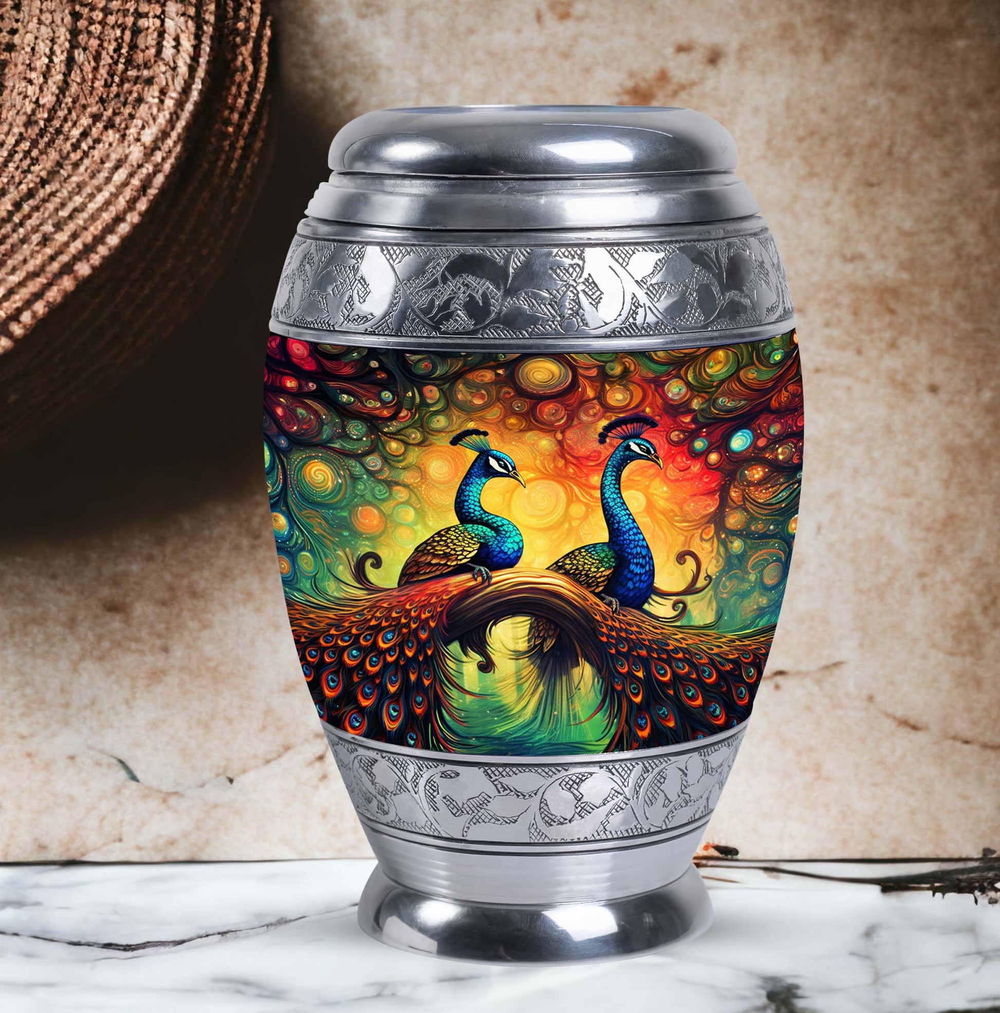 Classic Peacock Urn for Ashes, Cremation Container