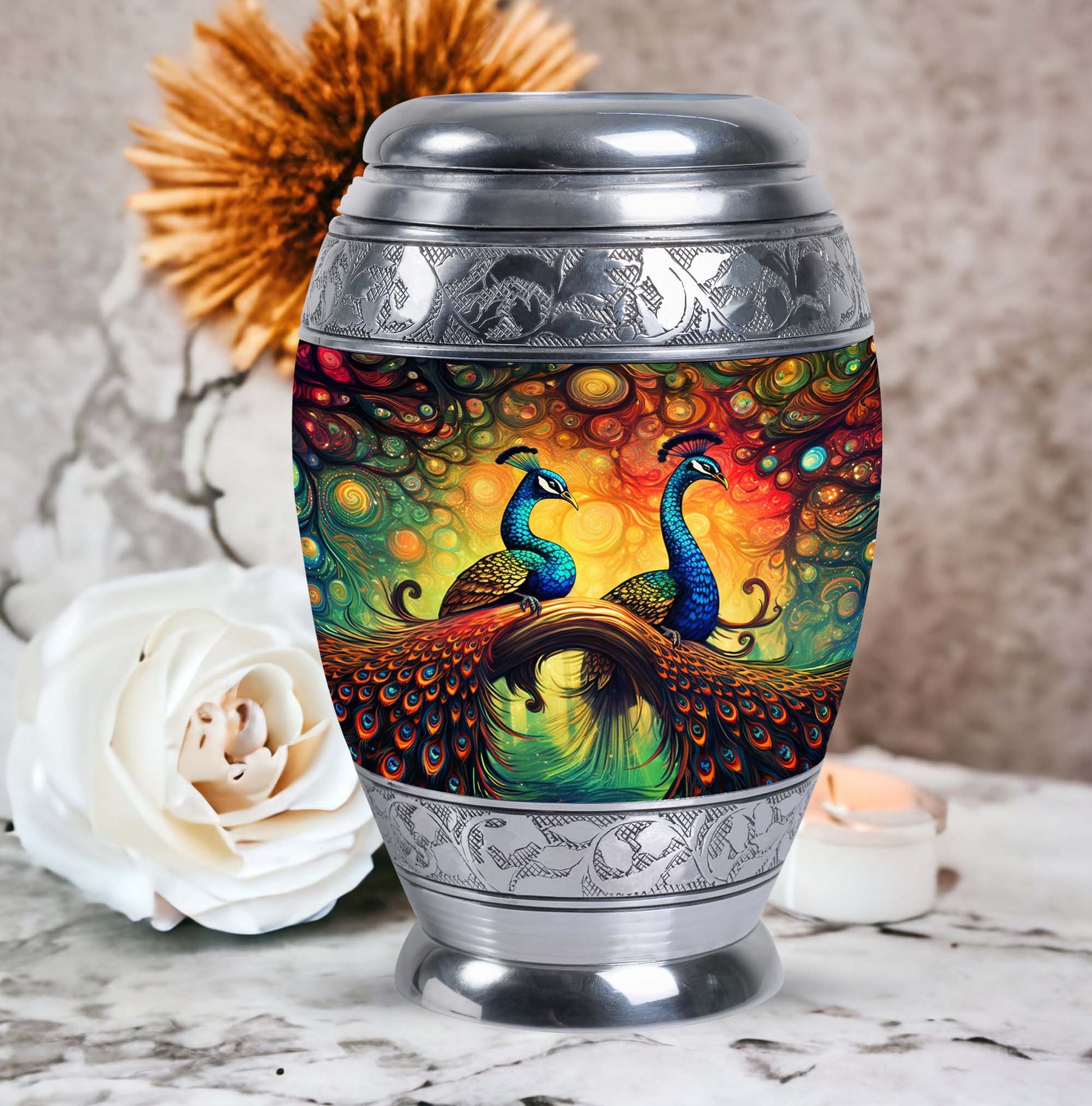 Classic Peacock Urn for Ashes, Cremation Container