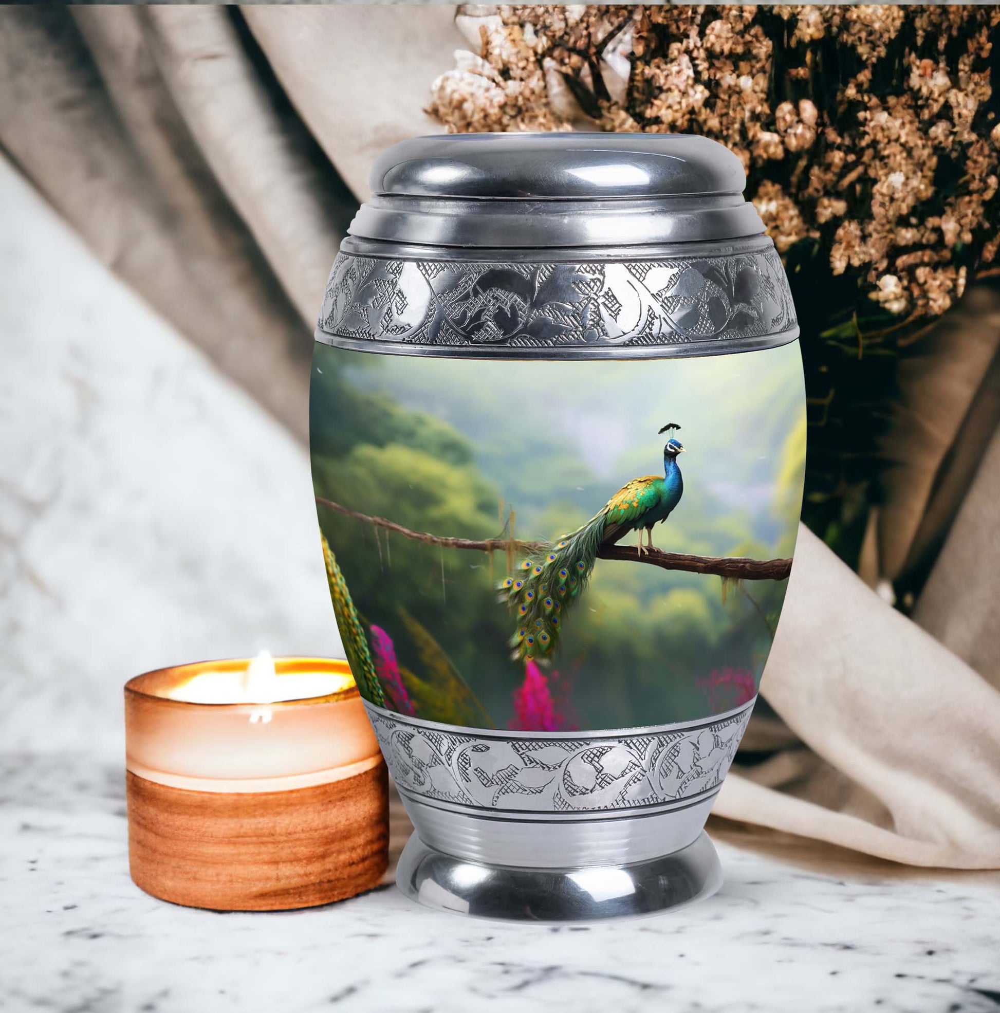 Classic Peacock Urn for ashes, offering personalization Urn.