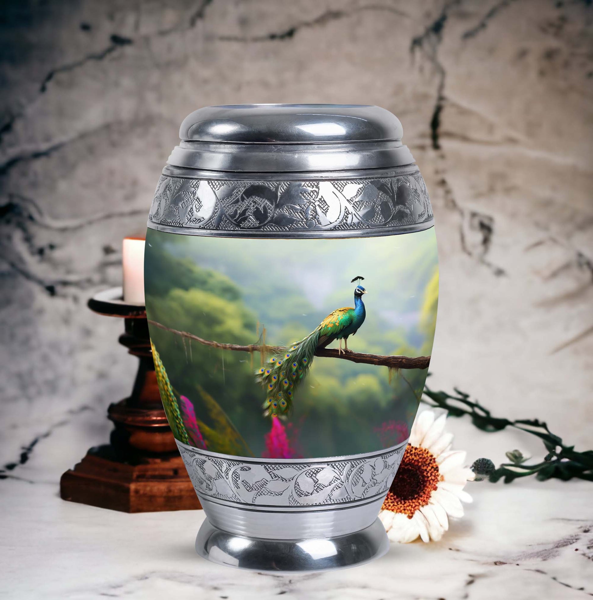 Classic Peacock Urn for ashes, offering personalization Urn.