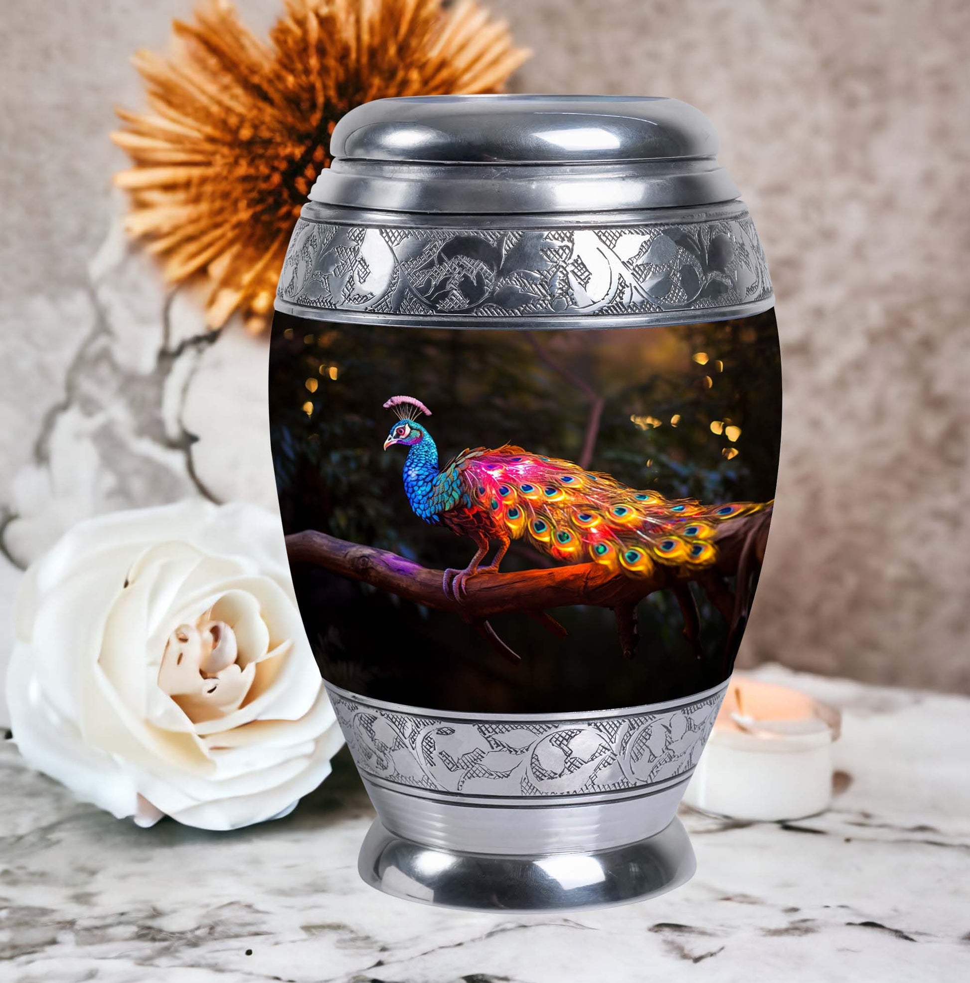 Classic Peacock Urn for ashes, Large Aluminium Memorial Urn