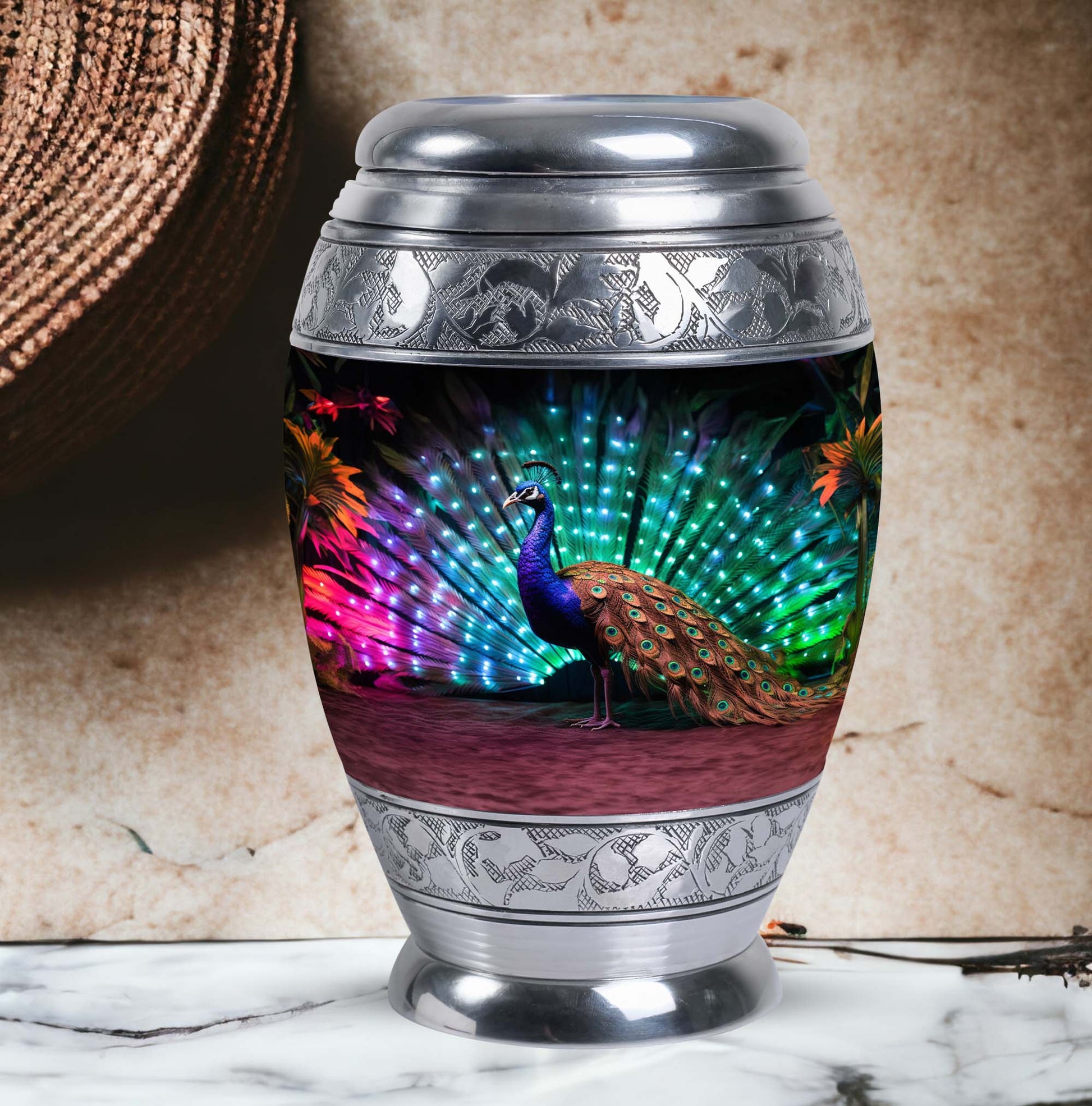 Classic 3-inch Peacock Cremation Urn, large aluminium urn