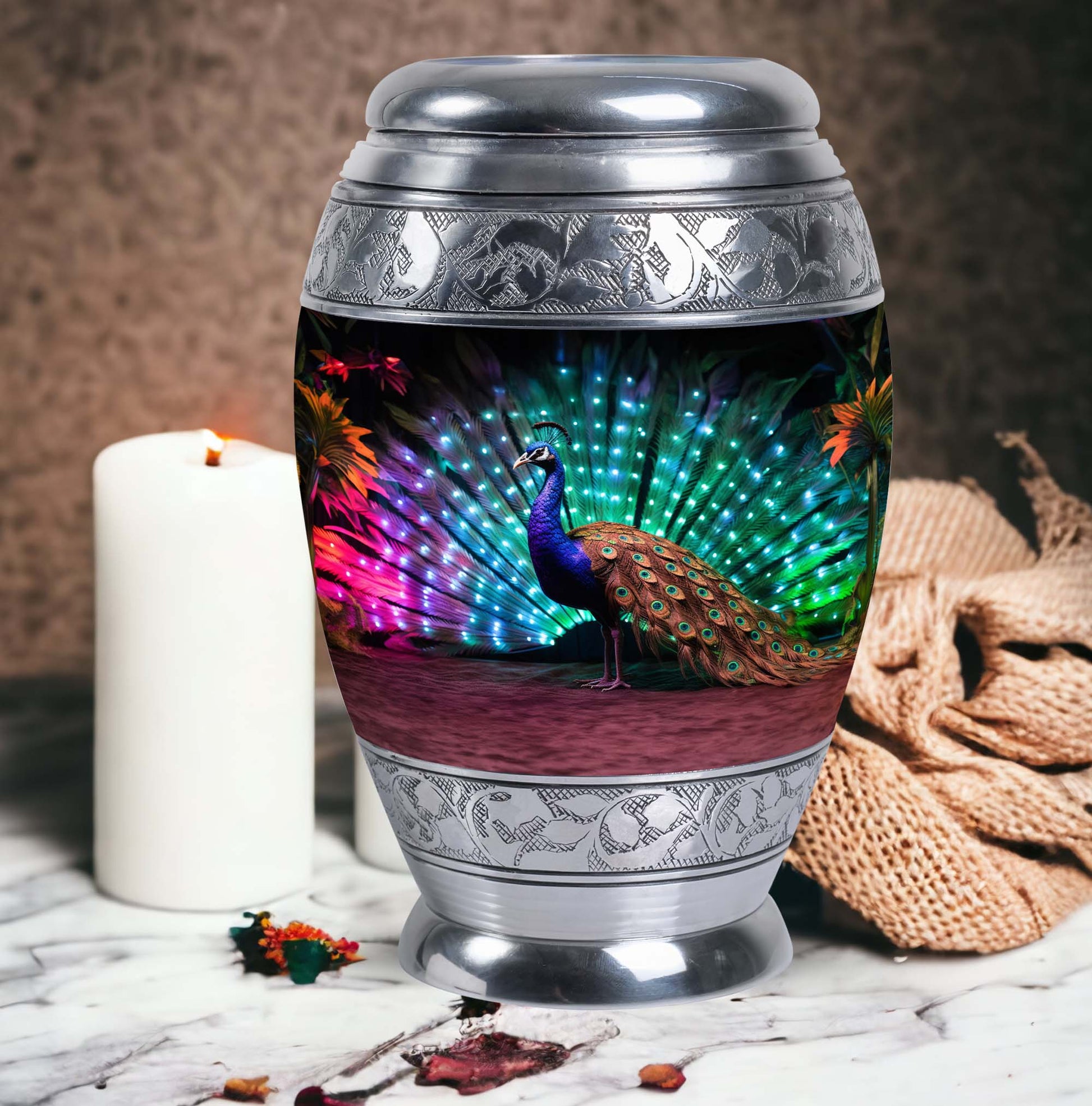 Classic 3-inch Peacock Cremation Urn, large aluminium urn