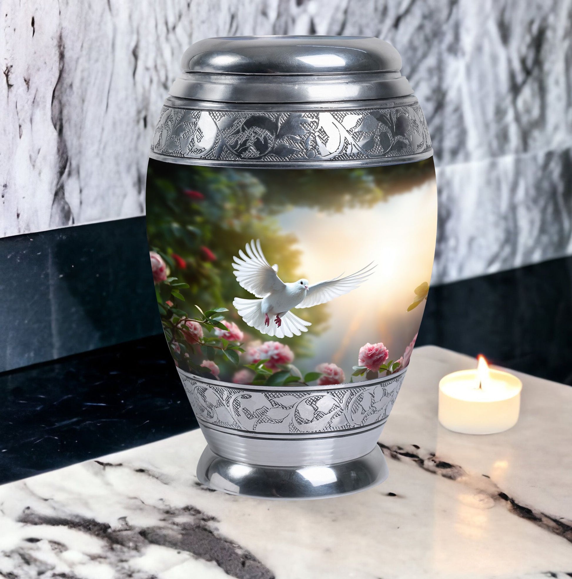 Dove flying Memorial Urn for cremation.