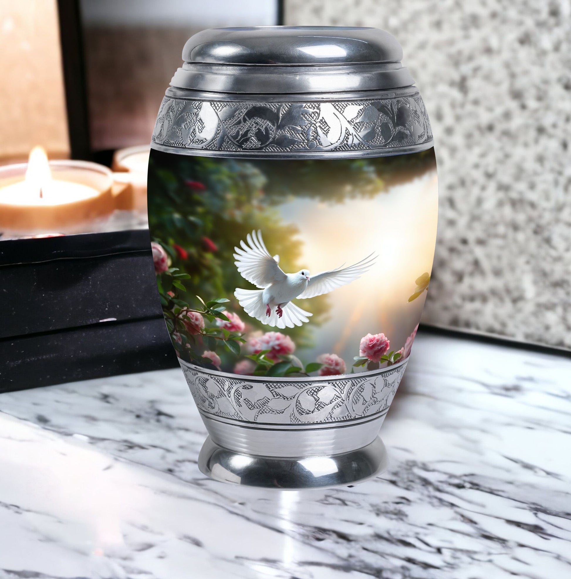 Dove flying Memorial Urn for cremation.