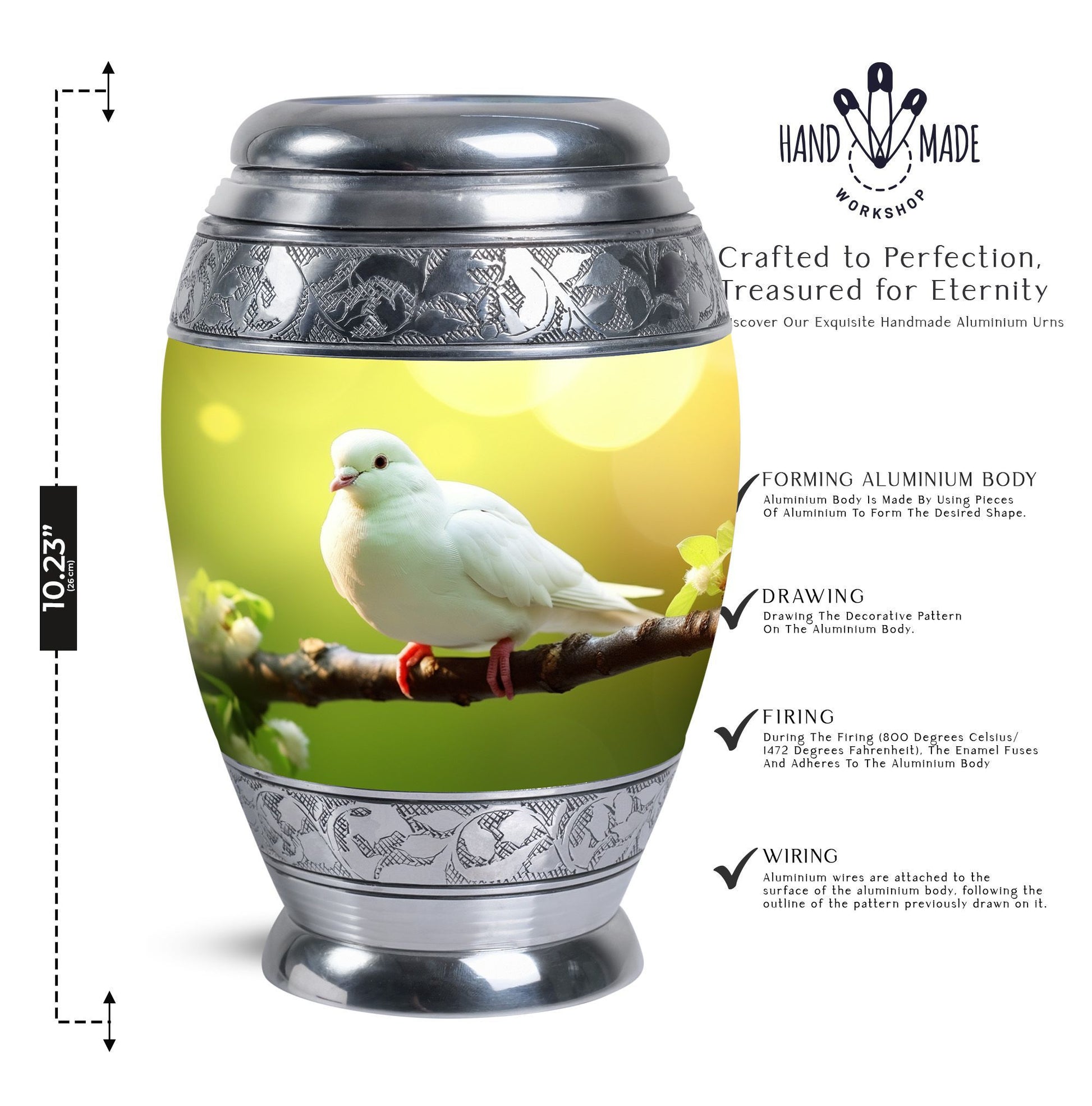 Classic Dove Urn for Ashes, large aluminium cremation urn