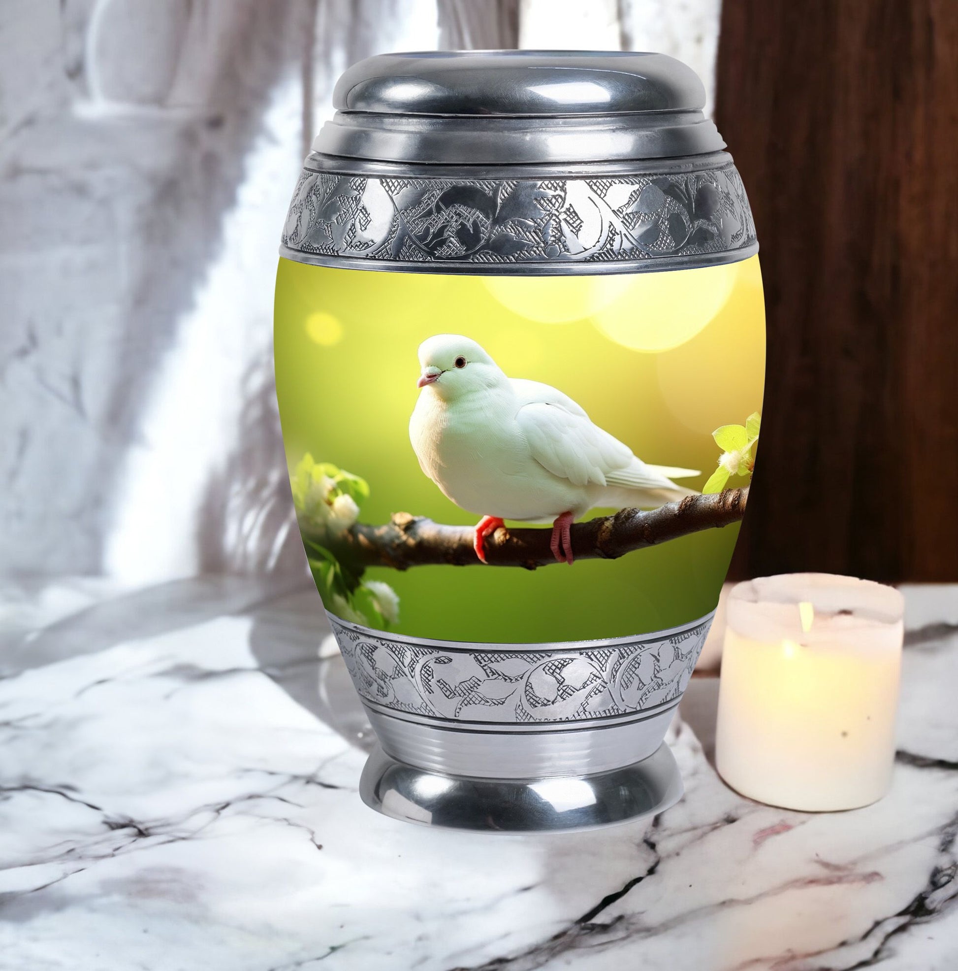 Classic Dove Urn for Ashes, large aluminium cremation urn