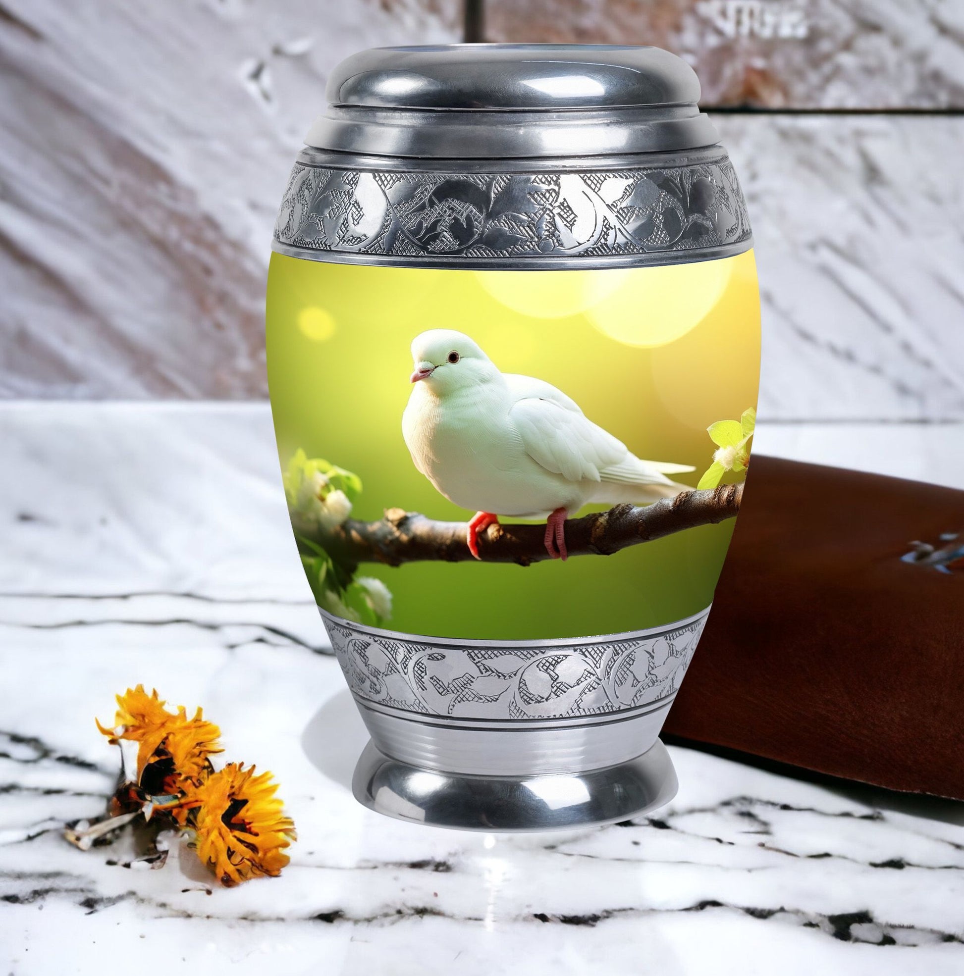 Classic Dove Urn for Ashes, large aluminium cremation urn