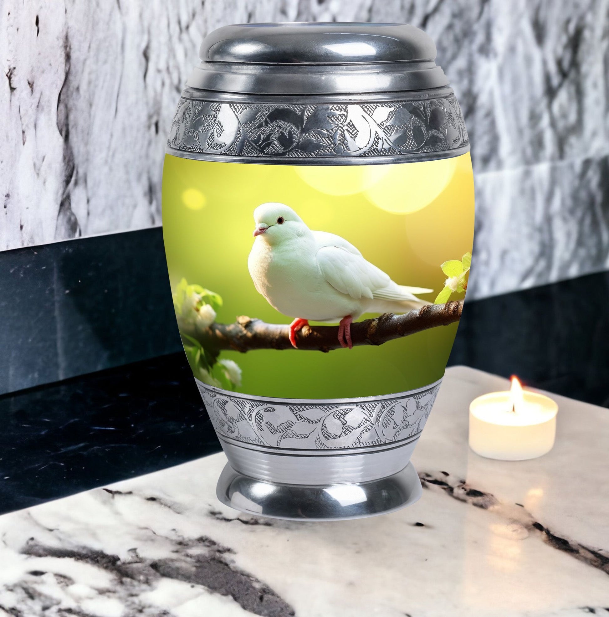 Classic Dove Urn for Ashes, large aluminium cremation urn