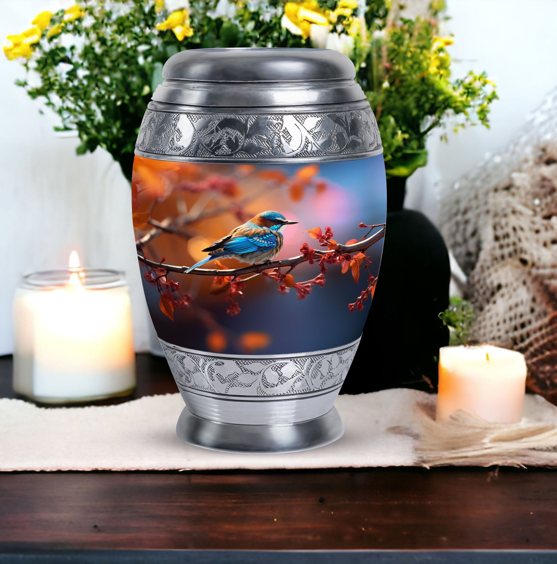 Blue Sparrow Memorial Urn, Large Aluminium Urn for Ashes.