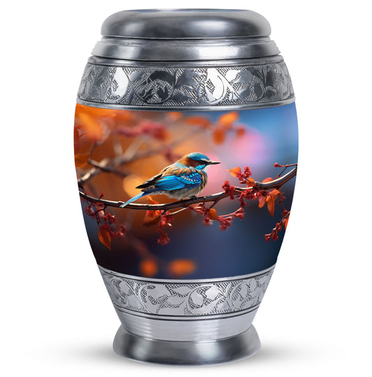 Blue Sparrow Memorial Urn, Large Aluminium Urn for Ashes.