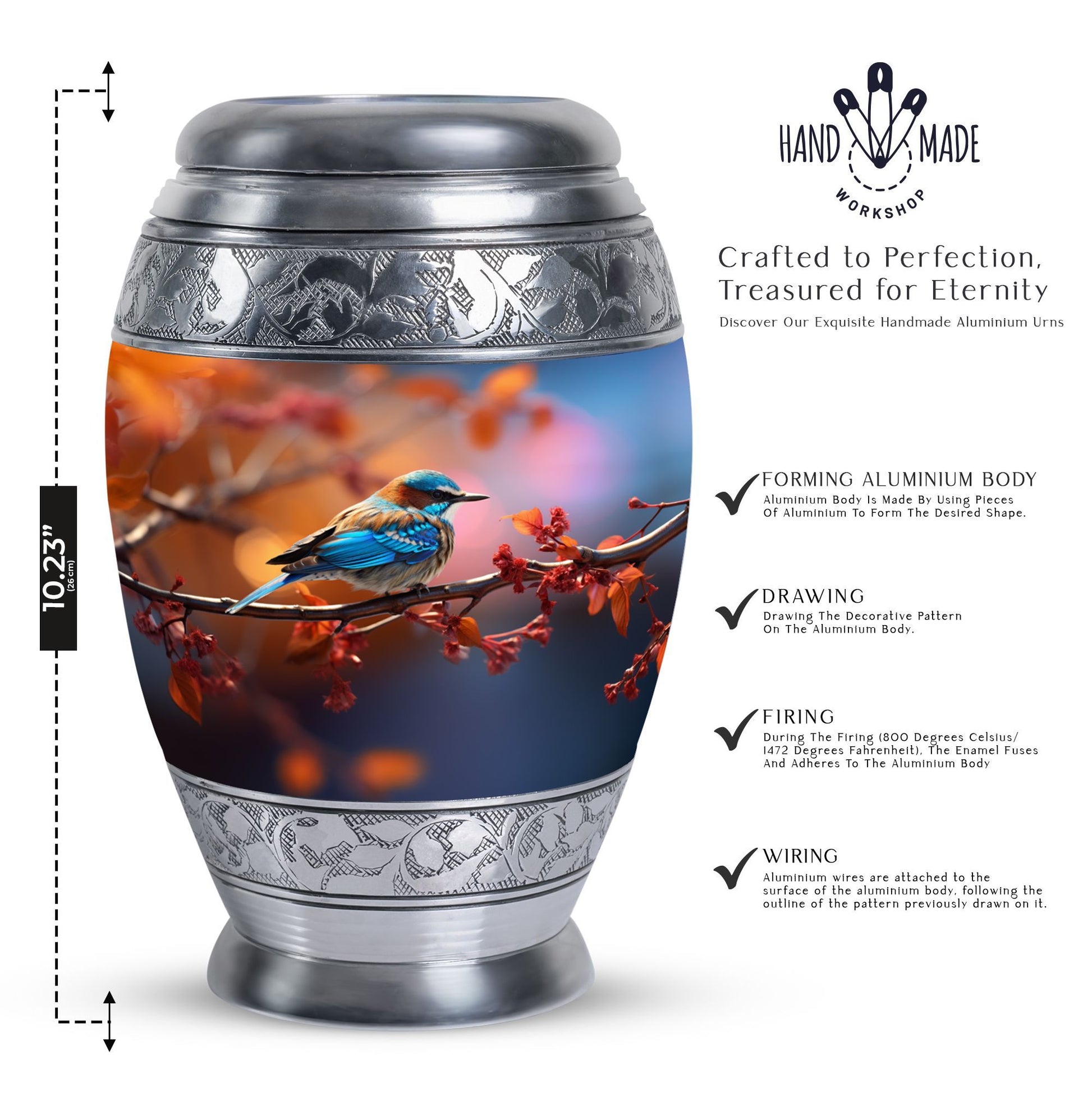 Blue Sparrow Memorial Urn, Large Aluminium Urn for Ashes.