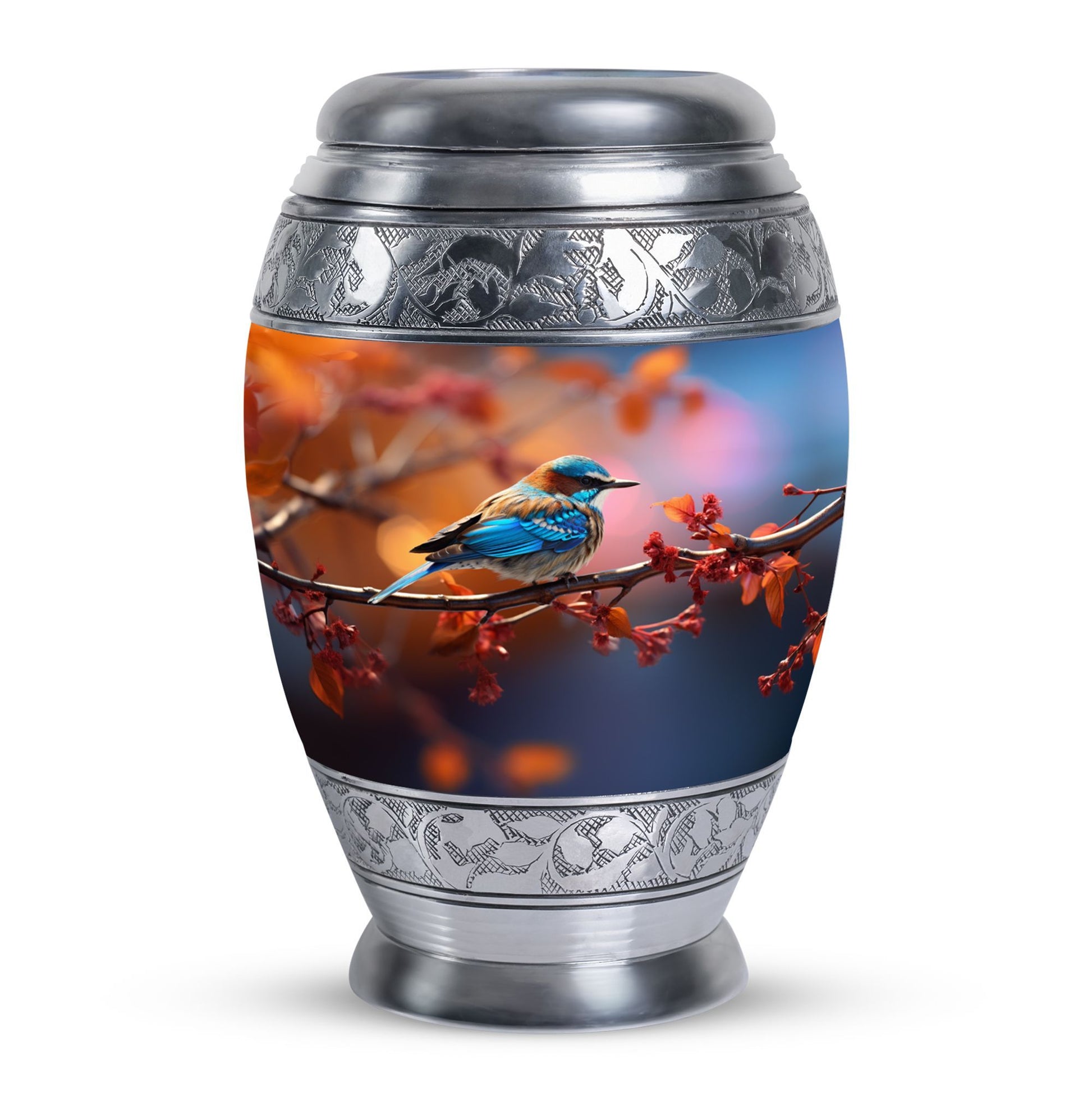 Blue Sparrow Memorial Urn, Large Aluminium Urn for Ashes.