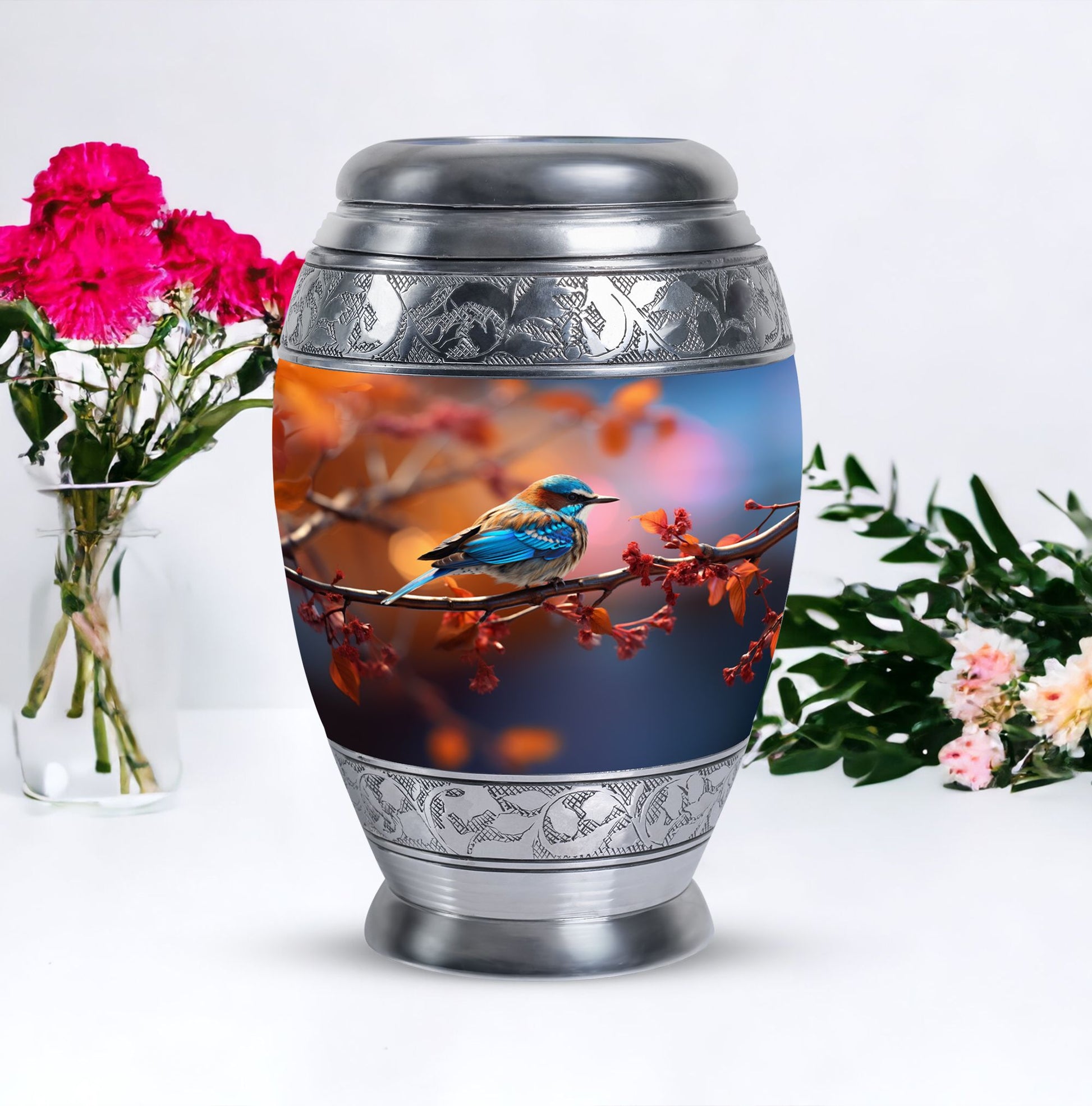 Blue Sparrow Memorial Urn, Large Aluminium Urn for Ashes.