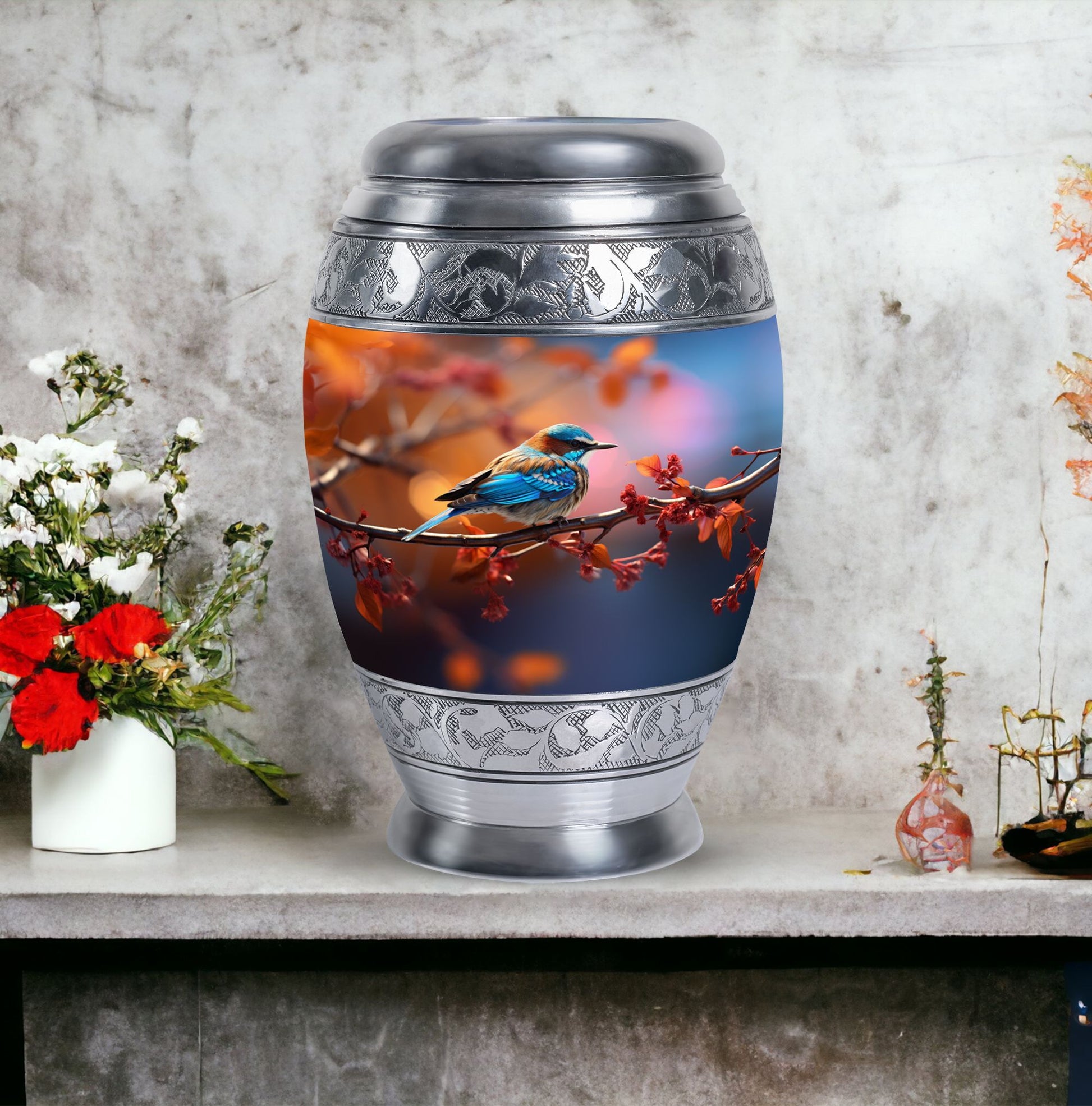 Blue Sparrow Memorial Urn, Large Aluminium Urn for Ashes.