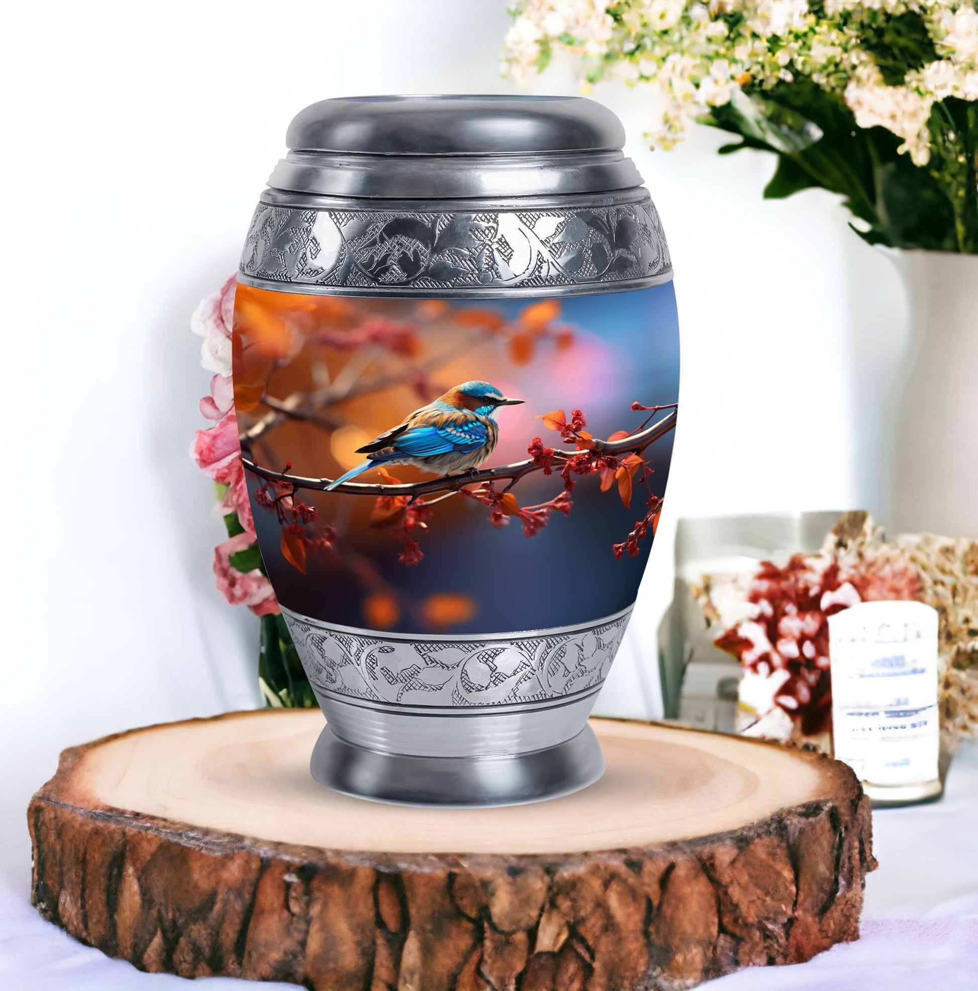 Blue Sparrow Memorial Urn, Large Aluminium Urn for Ashes.