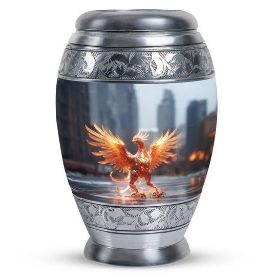 Phoenix Memorial Urn, classic cremation urn in aluminium.