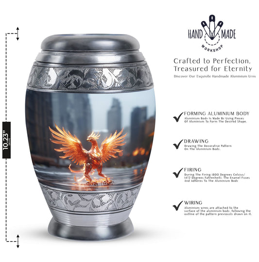 Phoenix Memorial Urn, classic cremation urn in aluminium.