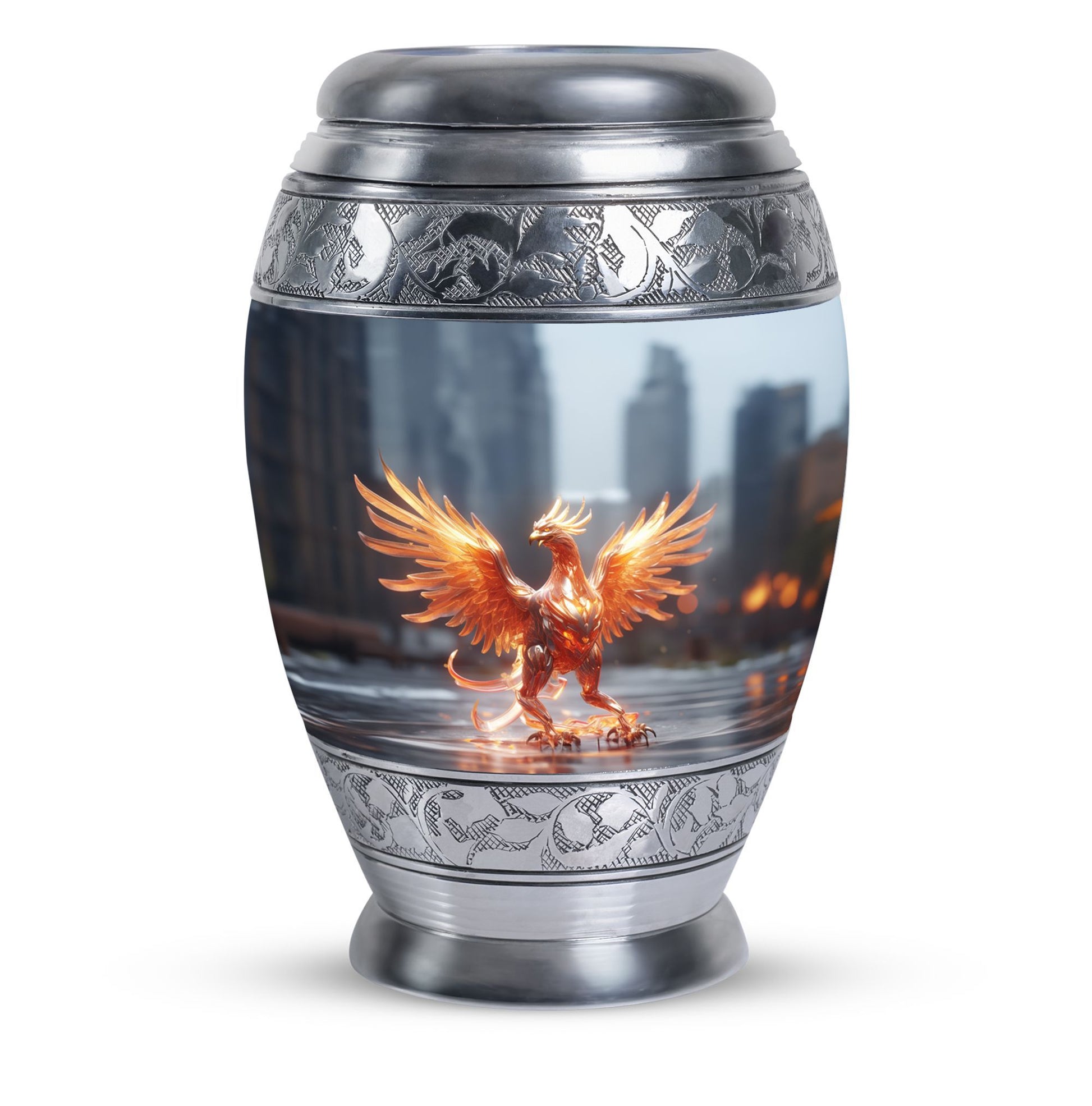 Phoenix Memorial Urn, classic cremation urn in aluminium.