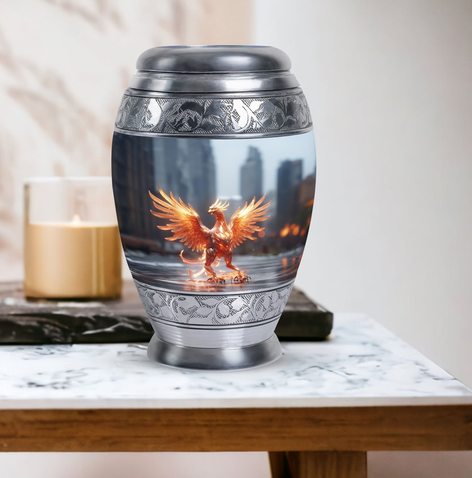 Phoenix Memorial Urn, classic cremation urn in aluminium.